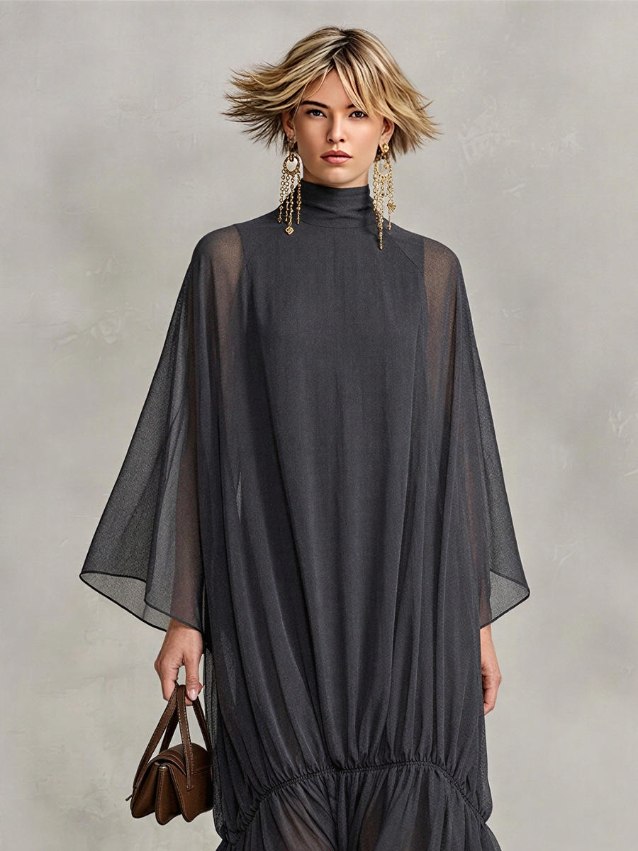 Women's Dark Gray Sheer Chiffon Maxi Dress With Turtleneck Cape Batwing Sleeves & Ruched Ruffle Hem, Minimalist Elegant Oversized Flowy Maxi Dress MDZ0665G8LYL