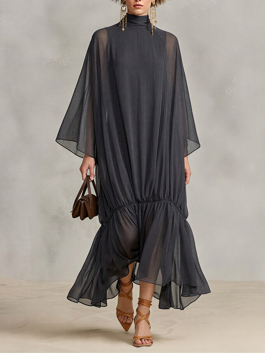 Women's Dark Gray Sheer Chiffon Maxi Dress With Turtleneck Cape Batwing Sleeves & Ruched Ruffle Hem, Minimalist Elegant Oversized Flowy Maxi Dress MDZ0665G8LYL