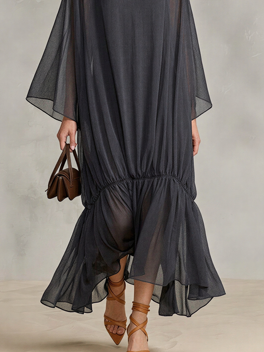 Women's Dark Gray Sheer Chiffon Maxi Dress With Turtleneck Cape Batwing Sleeves & Ruched Ruffle Hem, Minimalist Elegant Oversized Flowy Maxi Dress MDZ0665G8LYL