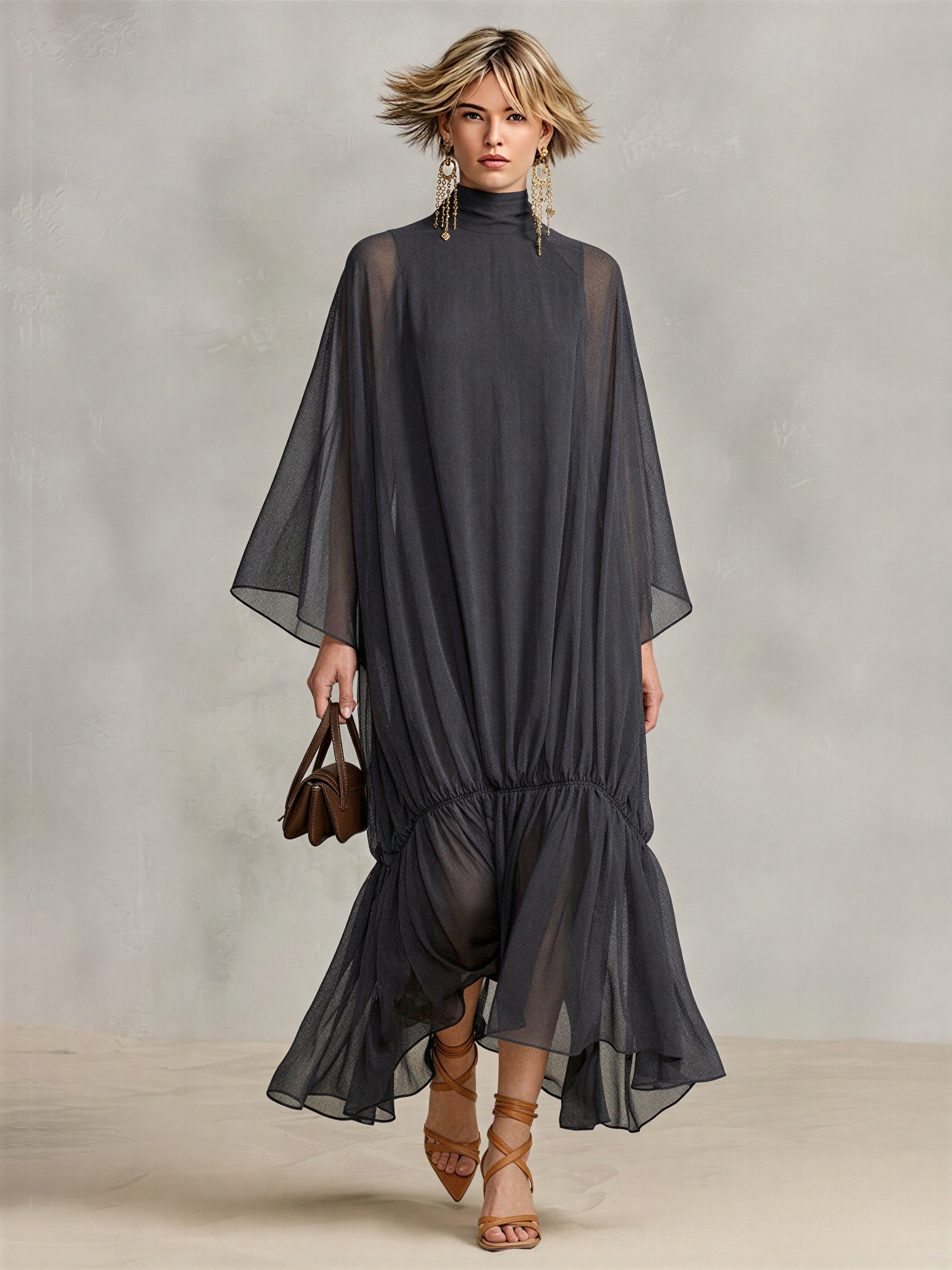 Women's Dark Gray Sheer Chiffon Maxi Dress With Turtleneck Cape Batwing Sleeves & Ruched Ruffle Hem, Minimalist Elegant Oversized Flowy Maxi Dress MDZ0665G8LYL