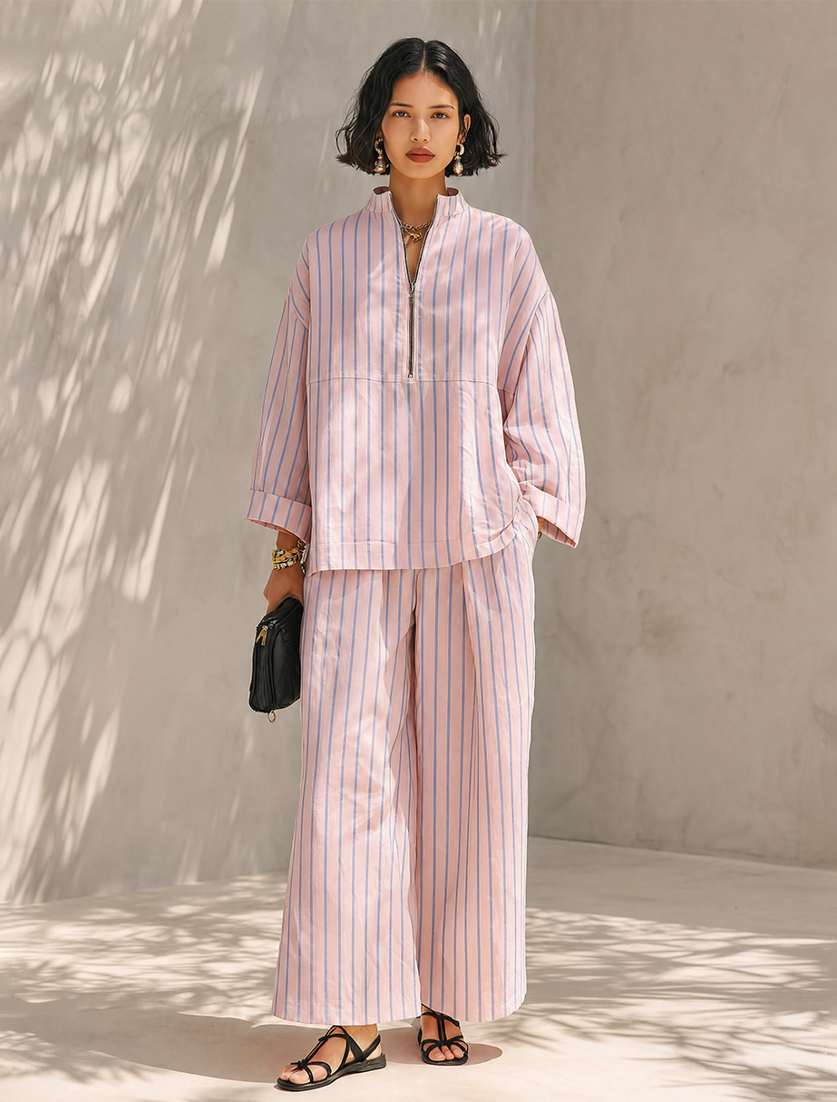 Women's Minimalist Cotton-Linen Blend Half-Zip Long-Sleeve Top & Wide-Leg Pants Set MDZ0962G3ZRK