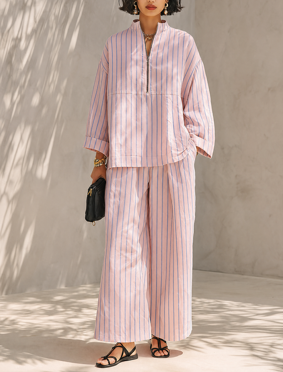 Women's Minimalist Cotton-Linen Blend Half-Zip Long-Sleeve Top & Wide-Leg Pants Set MDZ0962G3ZRK