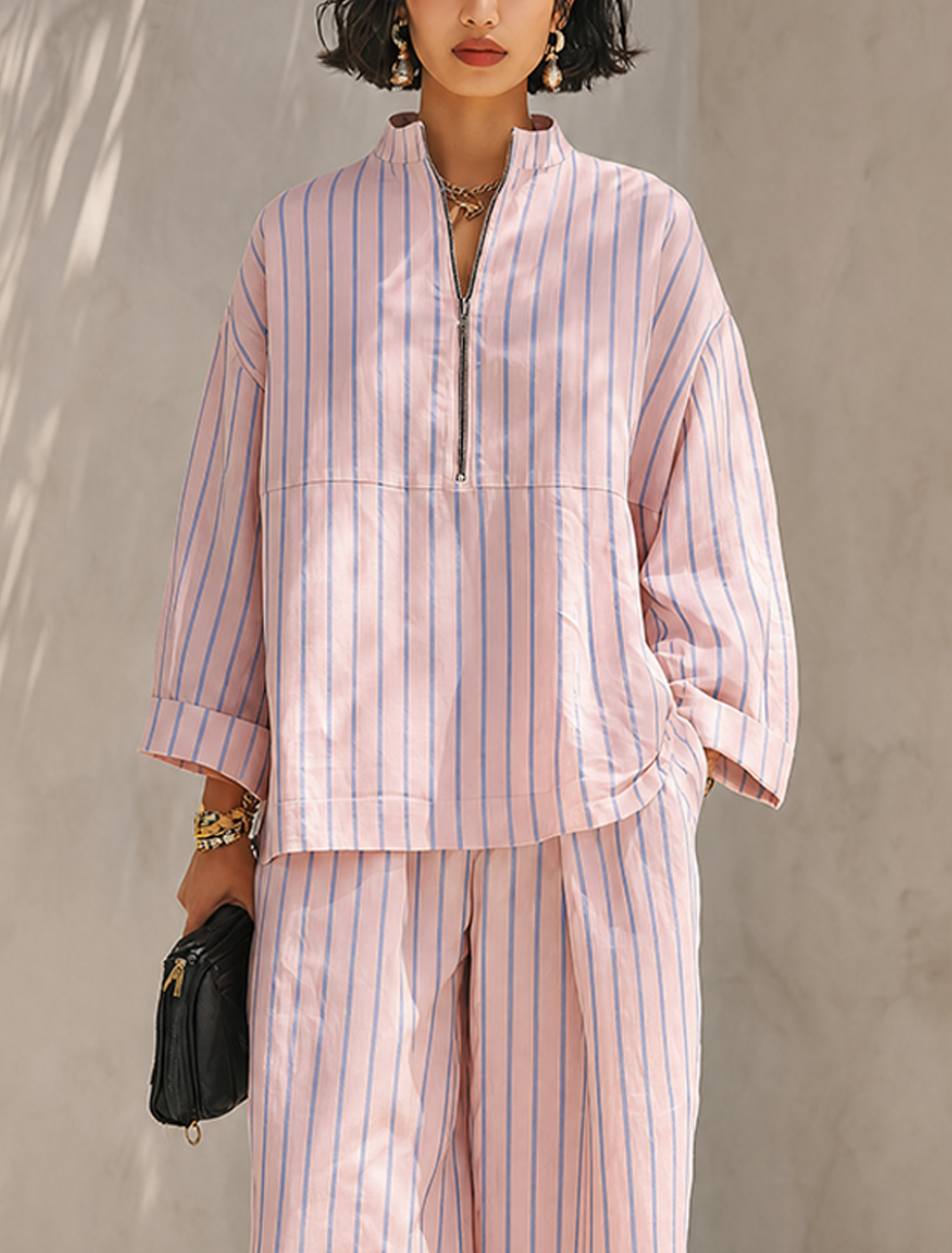 Women's Minimalist Cotton-Linen Blend Half-Zip Long-Sleeve Top & Wide-Leg Pants Set MDZ0962G3ZRK