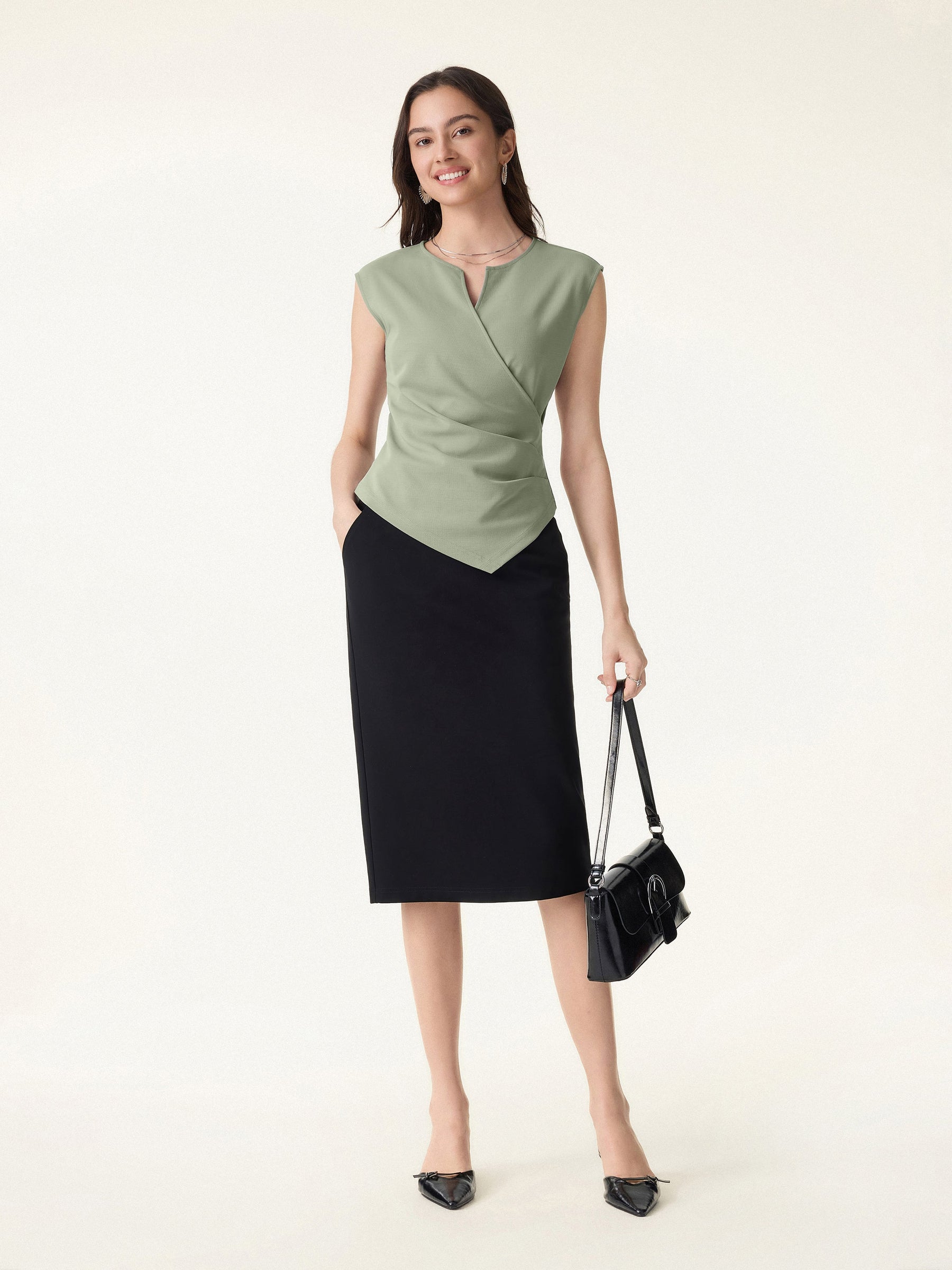 Surplice Wide Shoulder Tucked Angled Tank Top