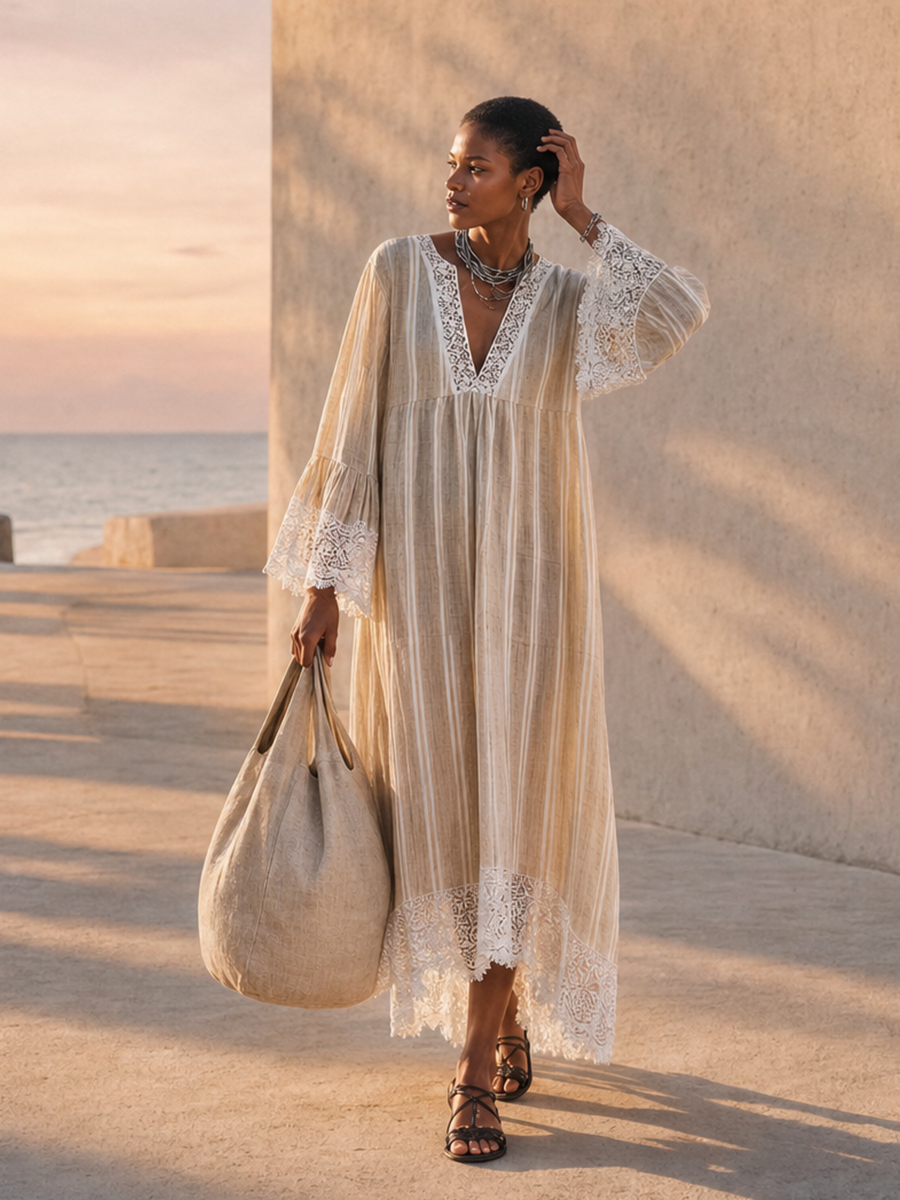 Women's Minimalist Beige Vertical-Stripe Maxi Dress With White Lace Trim And Flared Long Sleeves MDZ1745F9ZRK