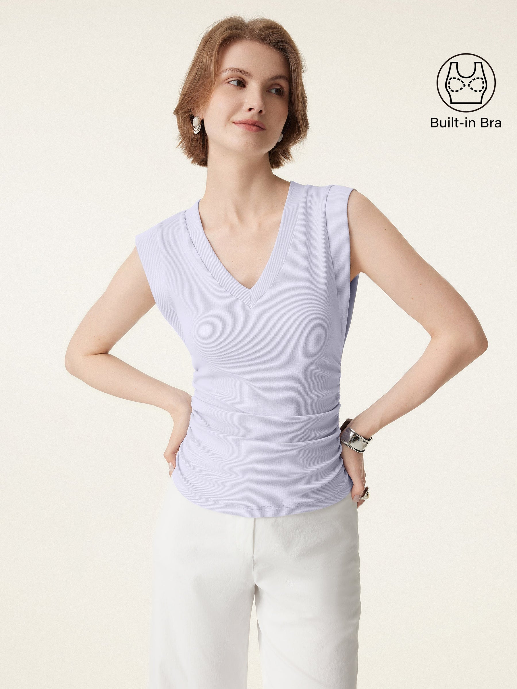 Stretch Cotton V-neck Side Ruched Muscle Bra Top
