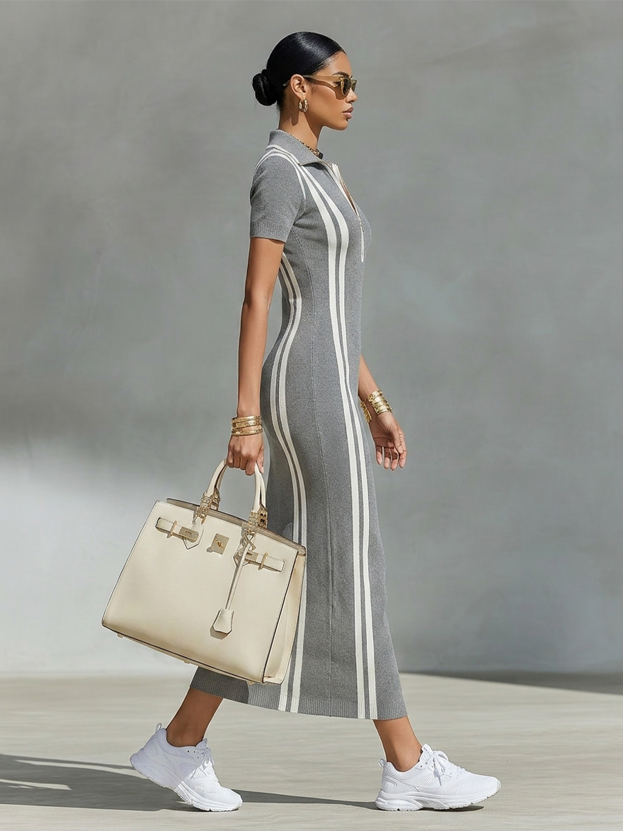 Women's Grey Stretchy Rib Knit Maxi Dress With Zip Polo Collar & Vertical Side Stripes, Chic Sporty Bodycon Pencil Dress MDZ2497F8LYL
