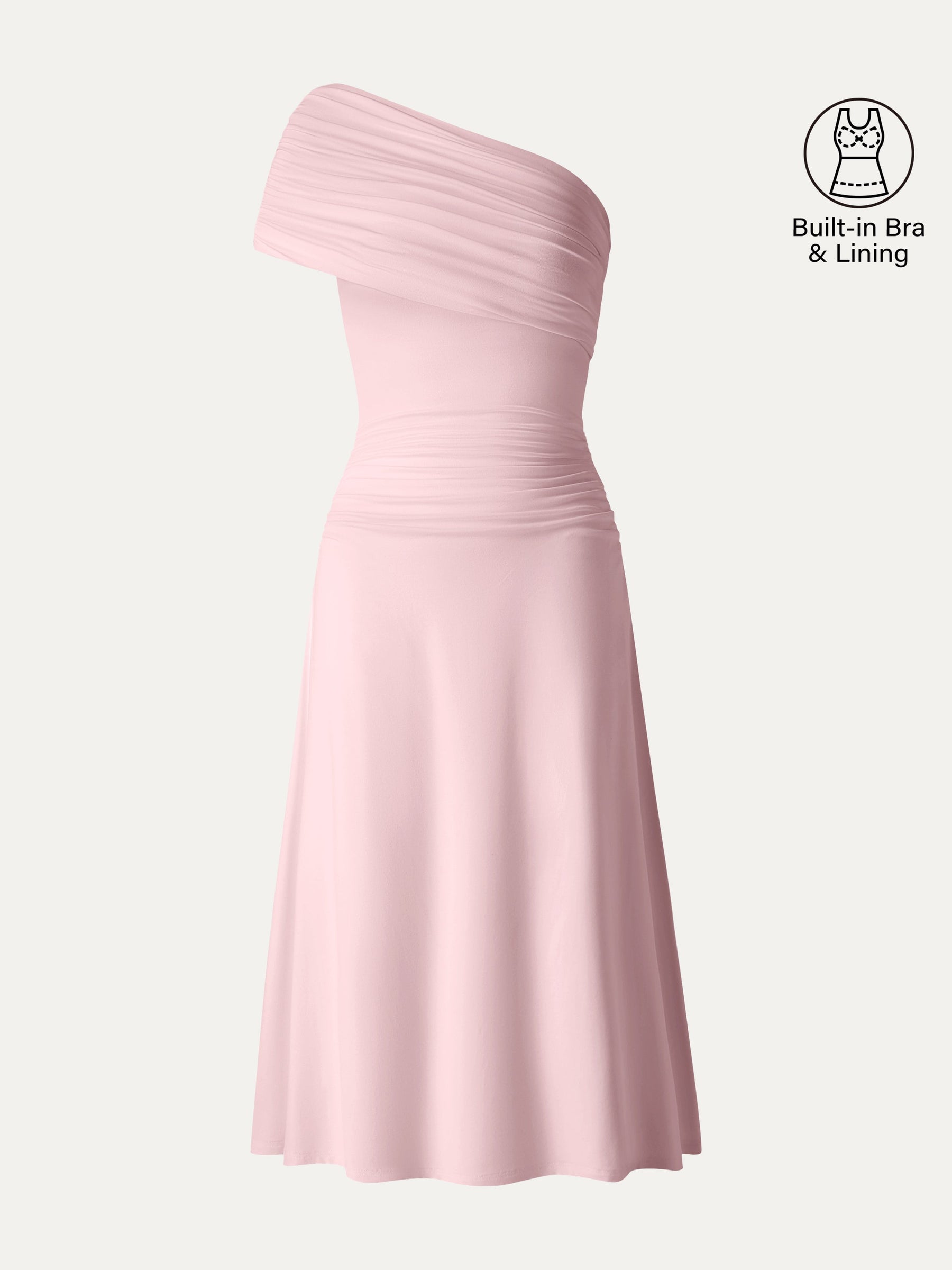 Not-See-Thru One Shoulder Gathered Midi Bra Dress