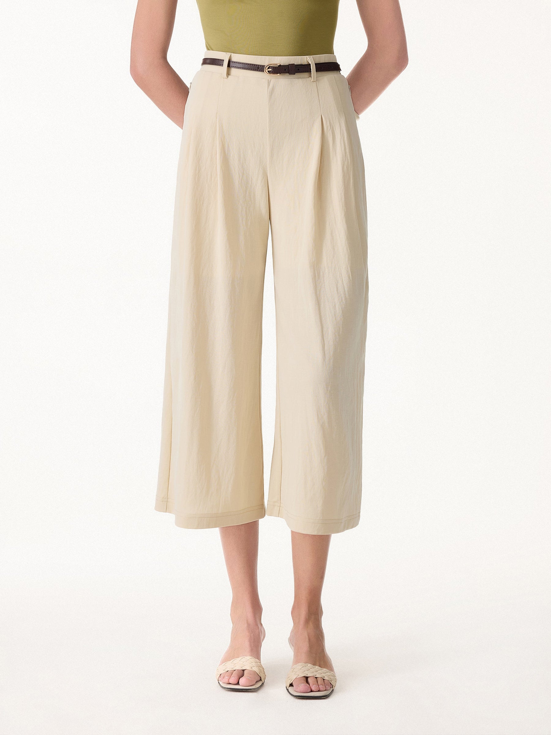 Wrinkle-Resistant Linen-Like Cropped Wide Leg Pants