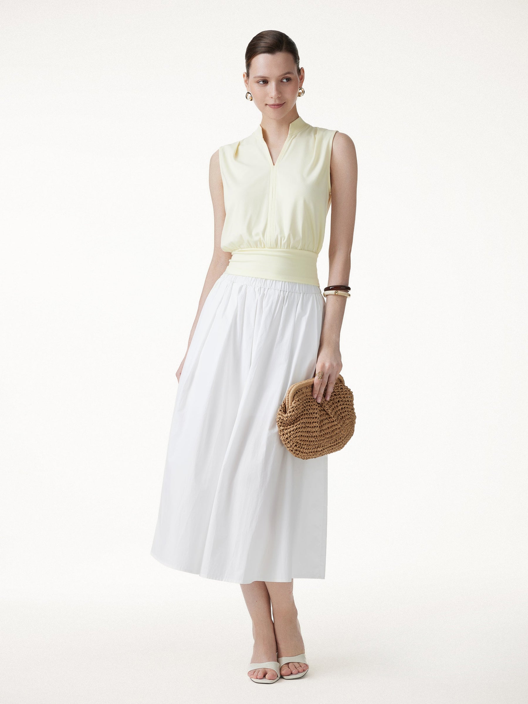 Cotton-Viscose V-neck Stand Collar Sleeveless Top