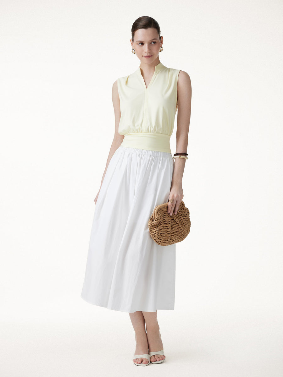 Cotton-Viscose V-neck Stand Collar Sleeveless Top