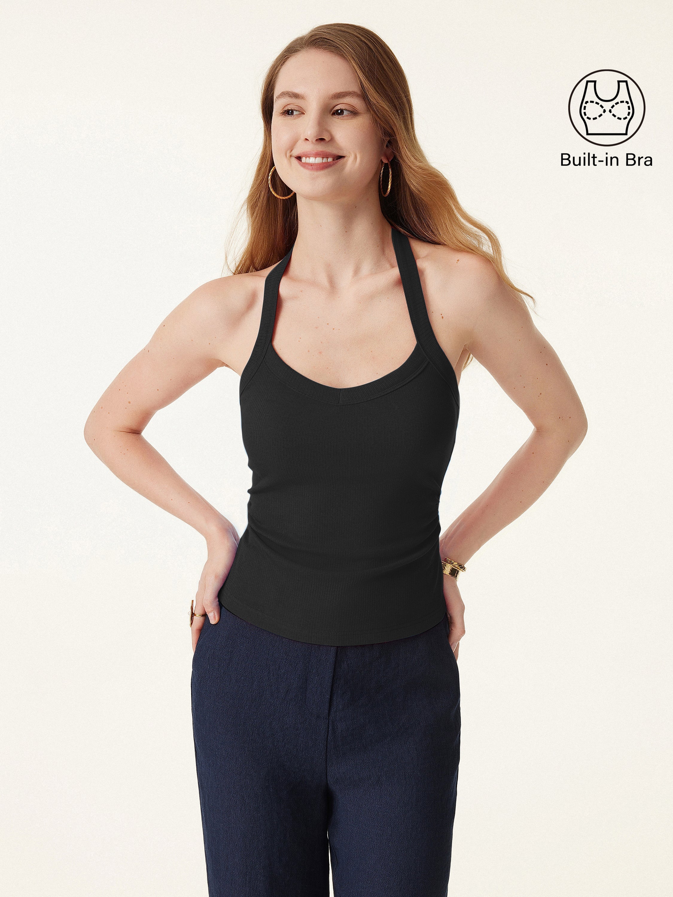 Halter Neck Side Ruched Ribbed Bra Tank