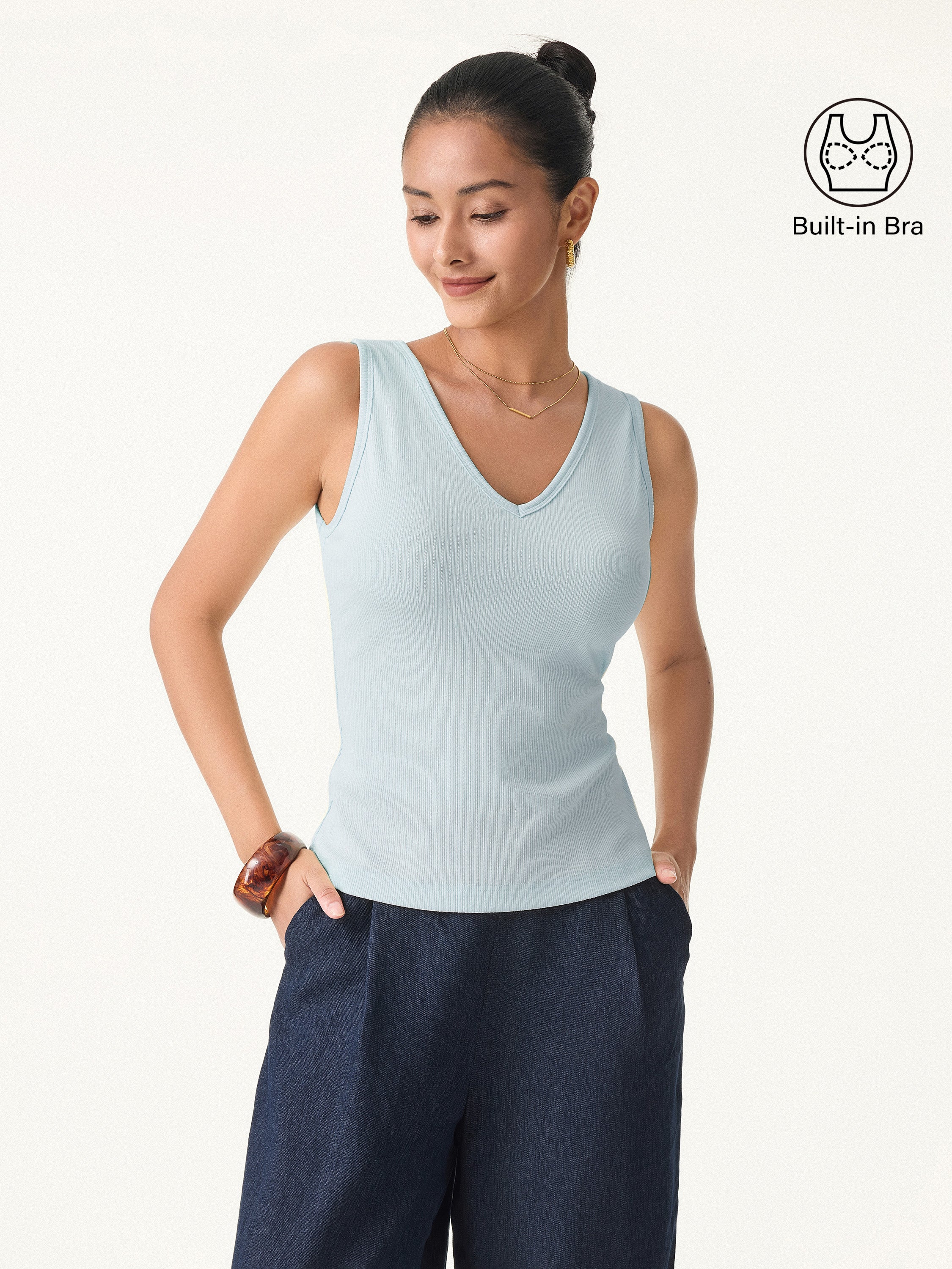 Stretch Cotton Pointelle V-neck Sleeveless Bra Tank