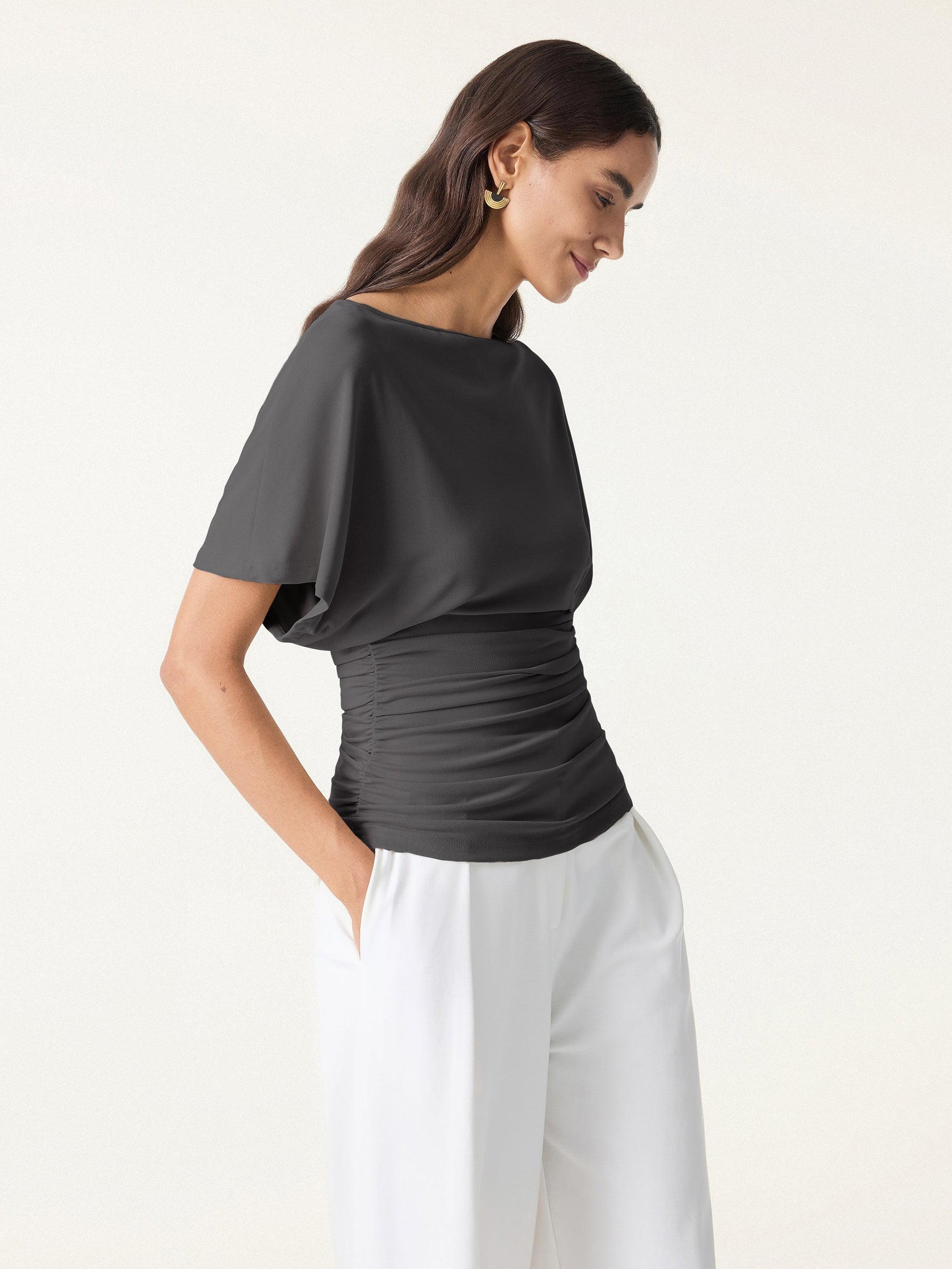 Effortless Boatneck Batwing Sleeve Side Ruched Top