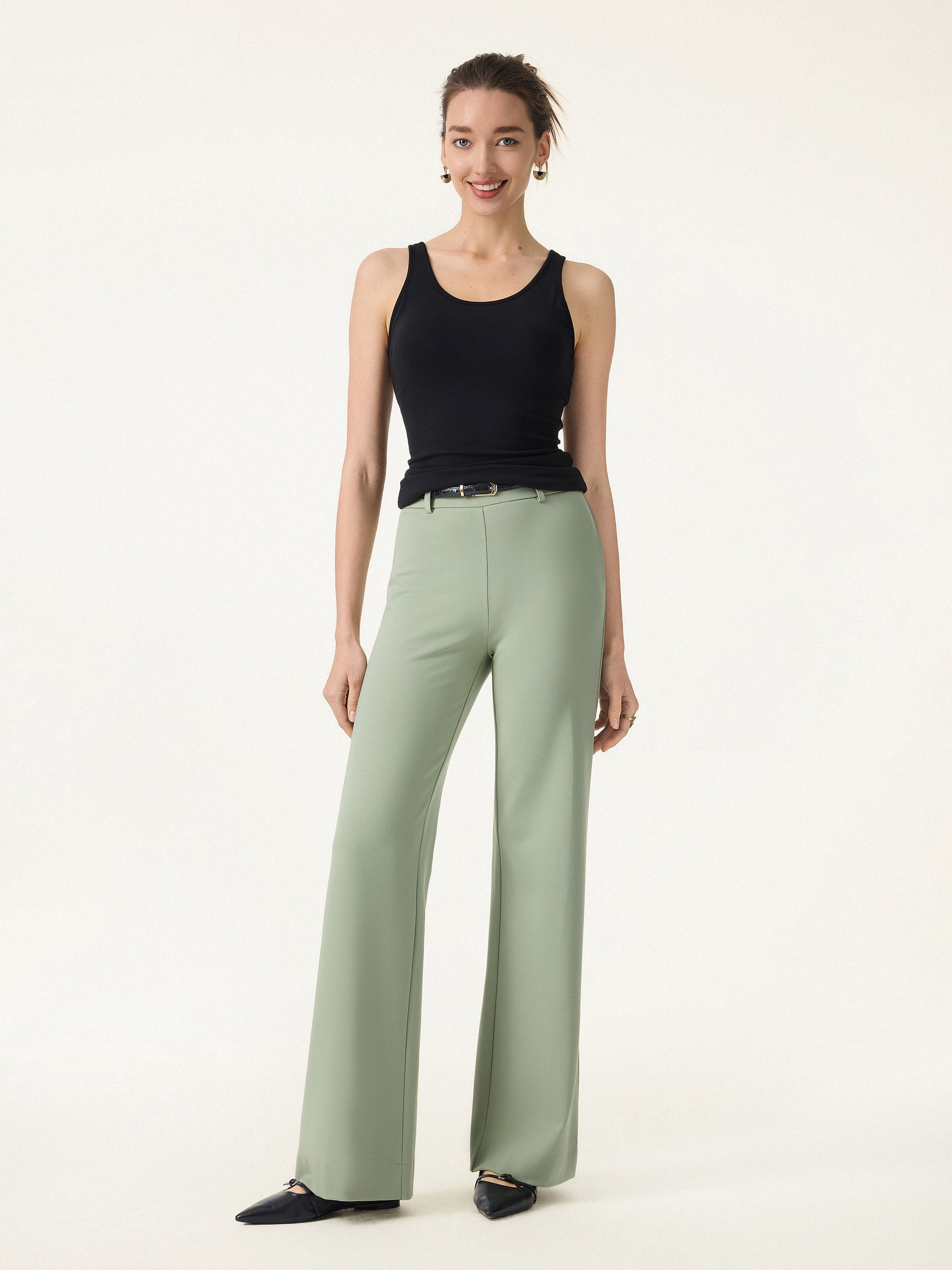 Not-See-Thru Drapey Mid Rise Wide Leg Pull-on Pant with Pockets