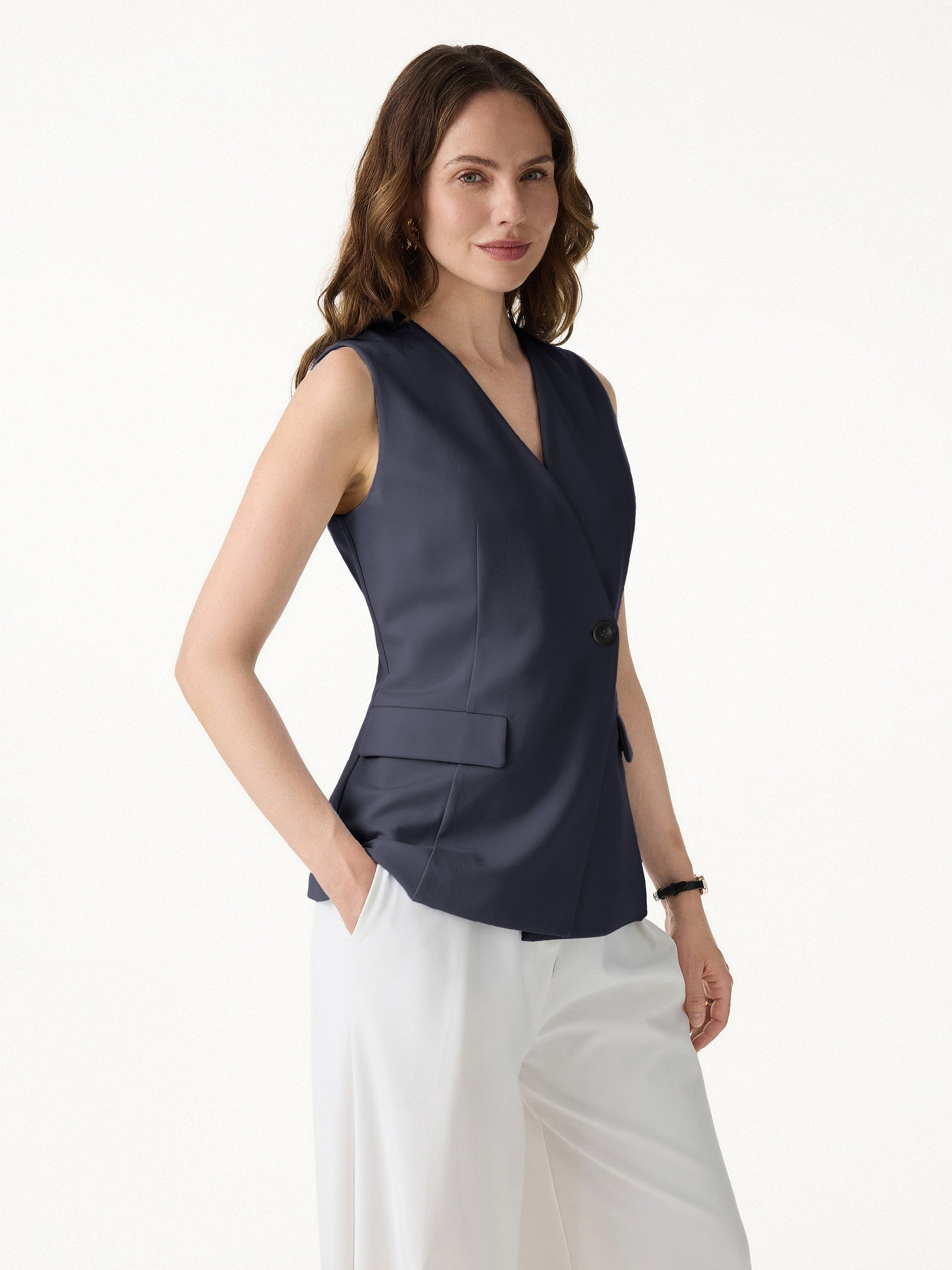 Summer V-Neck Office Staple Waistcoat with Pockets