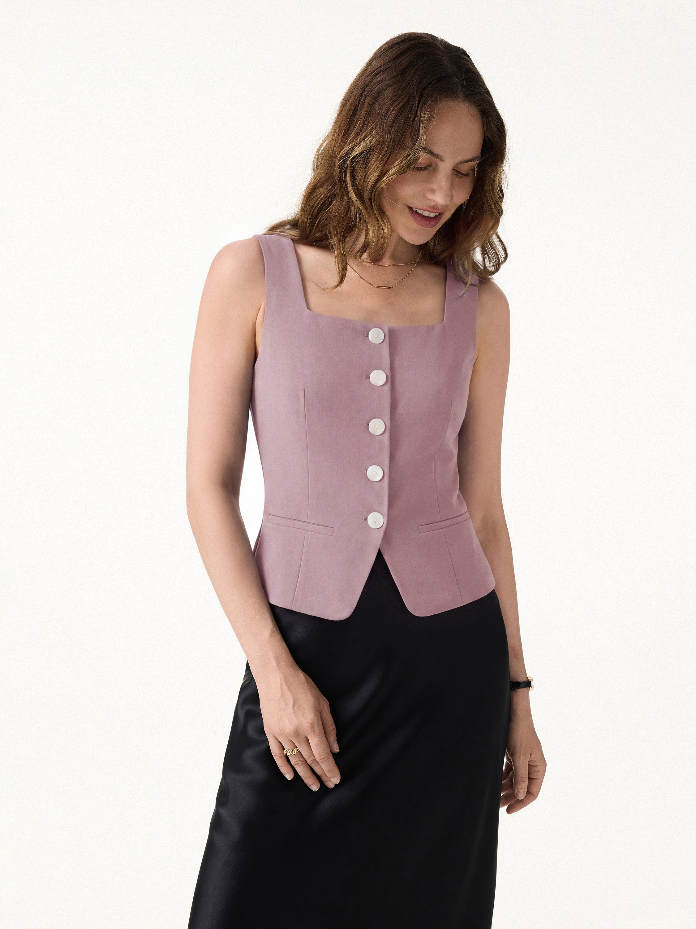 Stretch Ponte Square Neck Cropped Waistcoat with Pockets