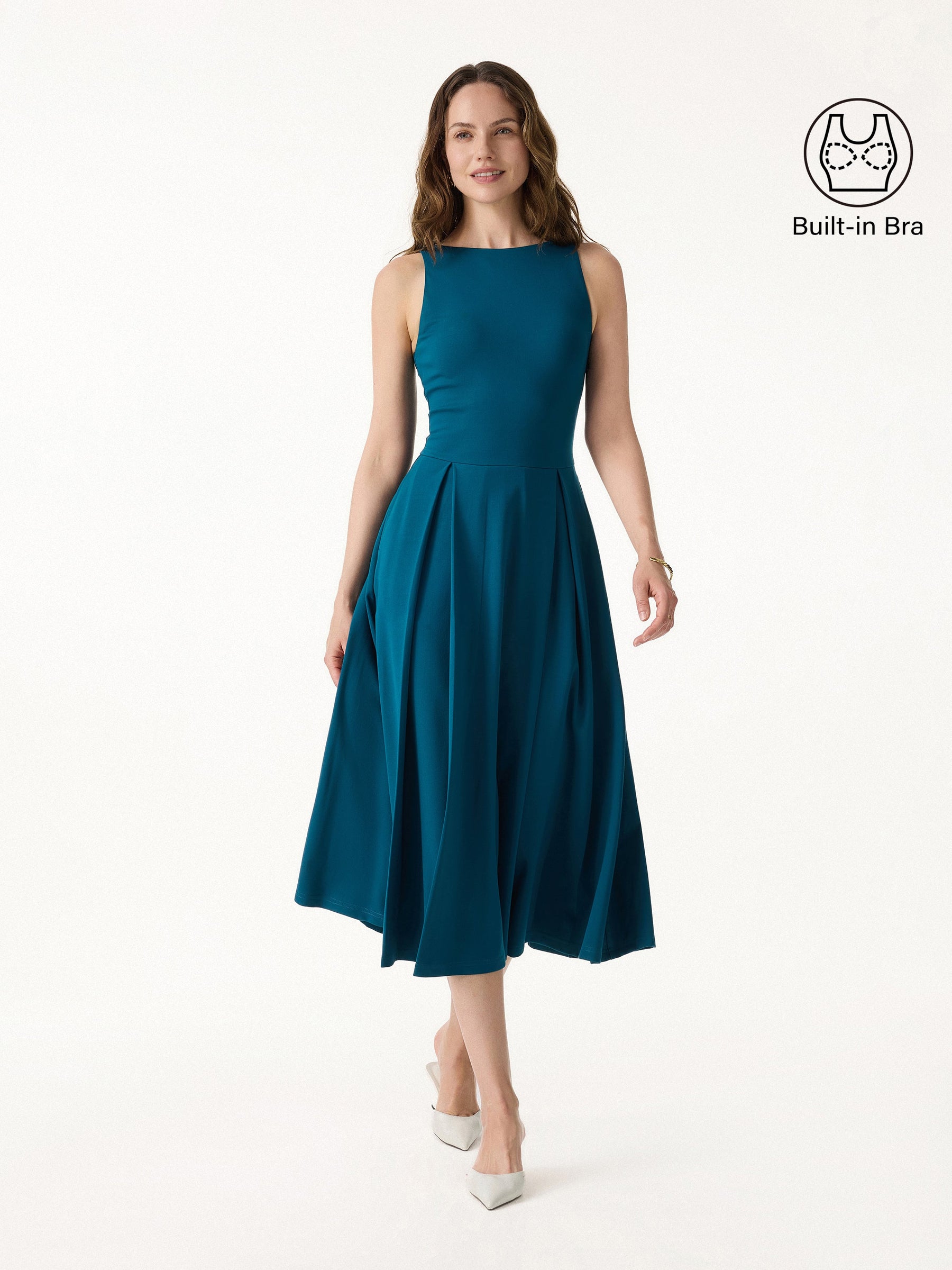 Boatneck Pleated Fit-and-Flare Midi Bra Dress with Pockets
