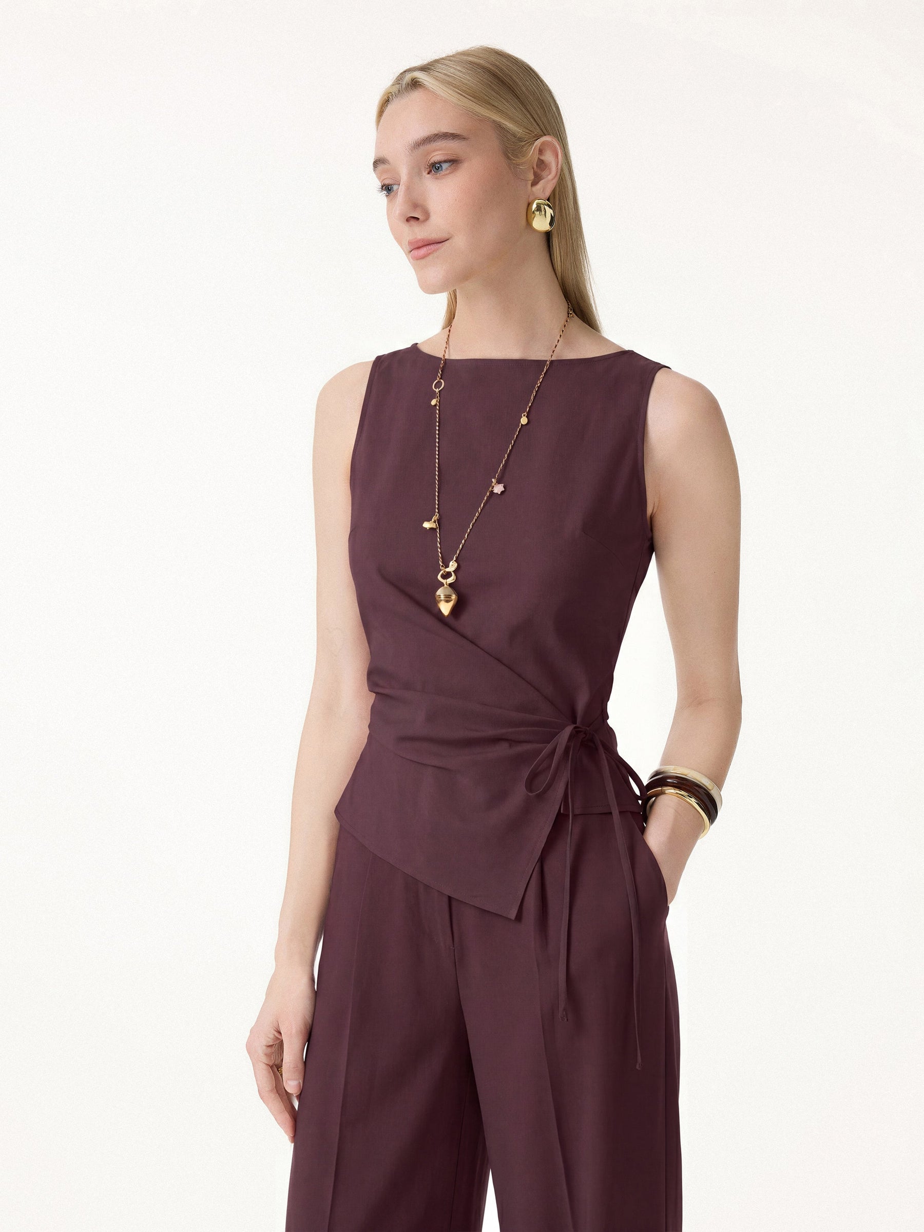 Lyocell-Linen Blend Boatneck Waist-Defined Top