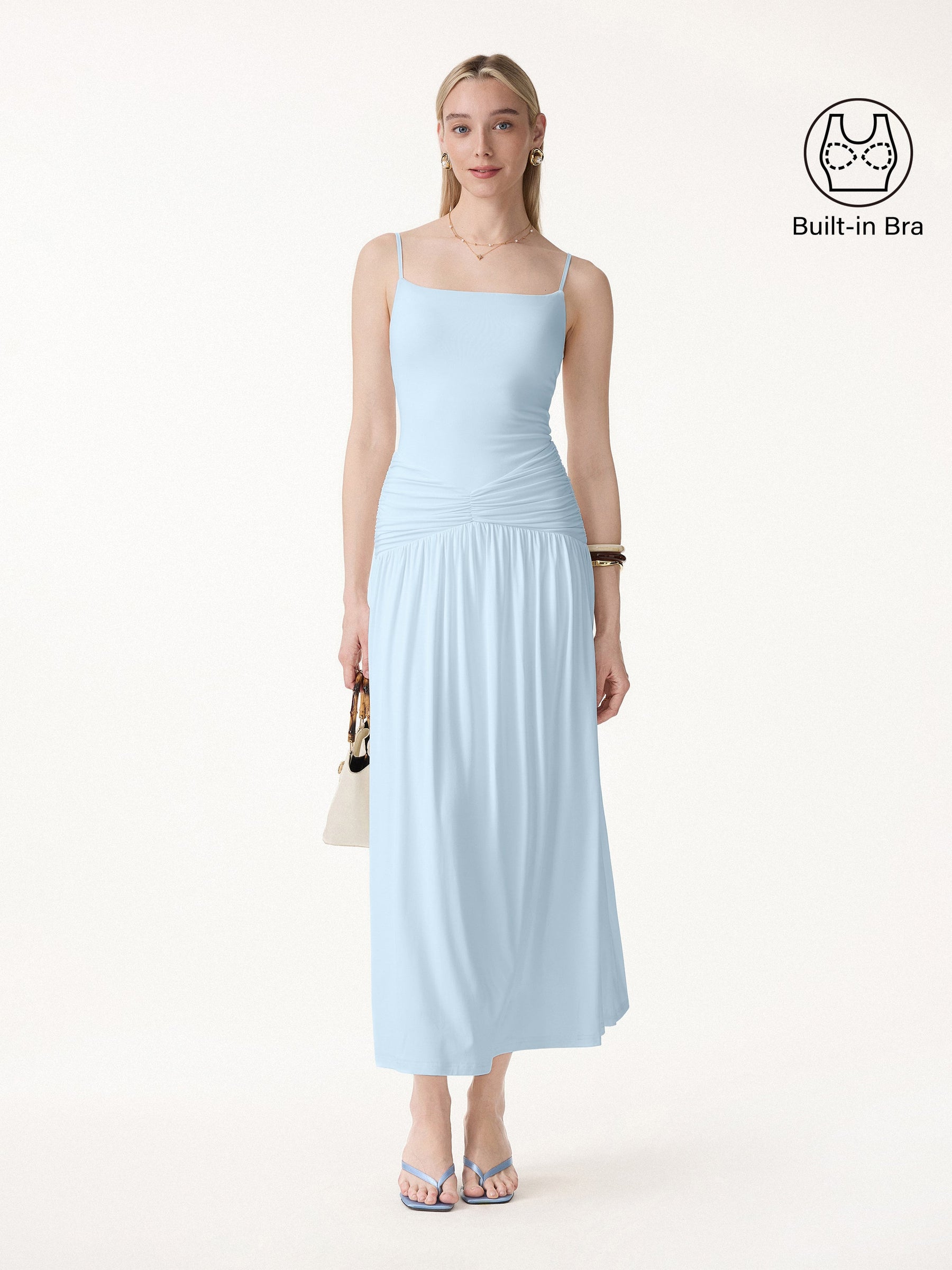 Not-See-Thru Spaghetti Gathered Maxi Bra Dress