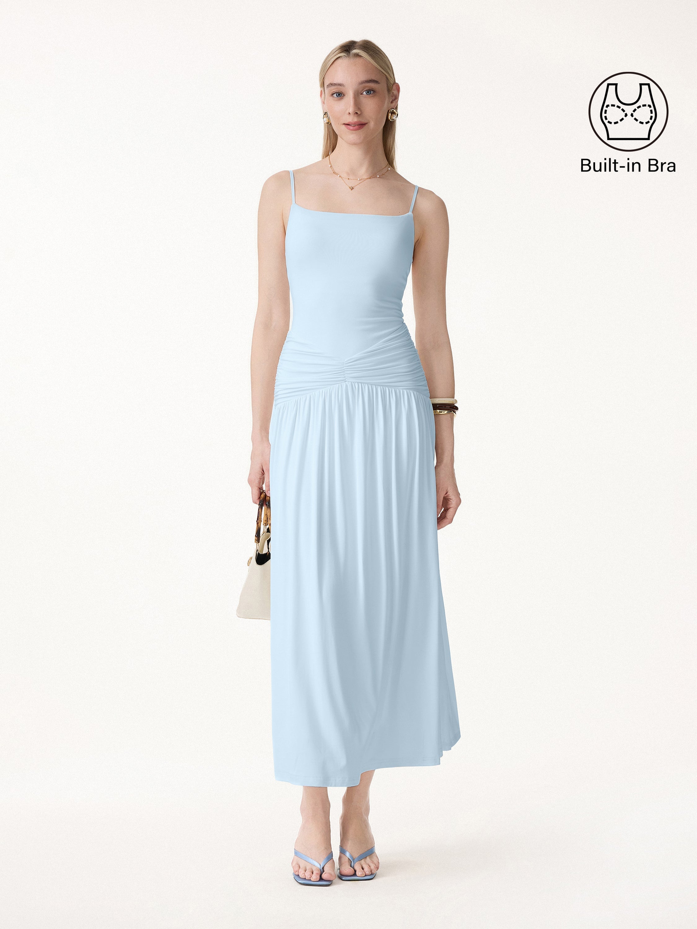 Not-See-Thru Spaghetti Gathered Maxi Bra Dress