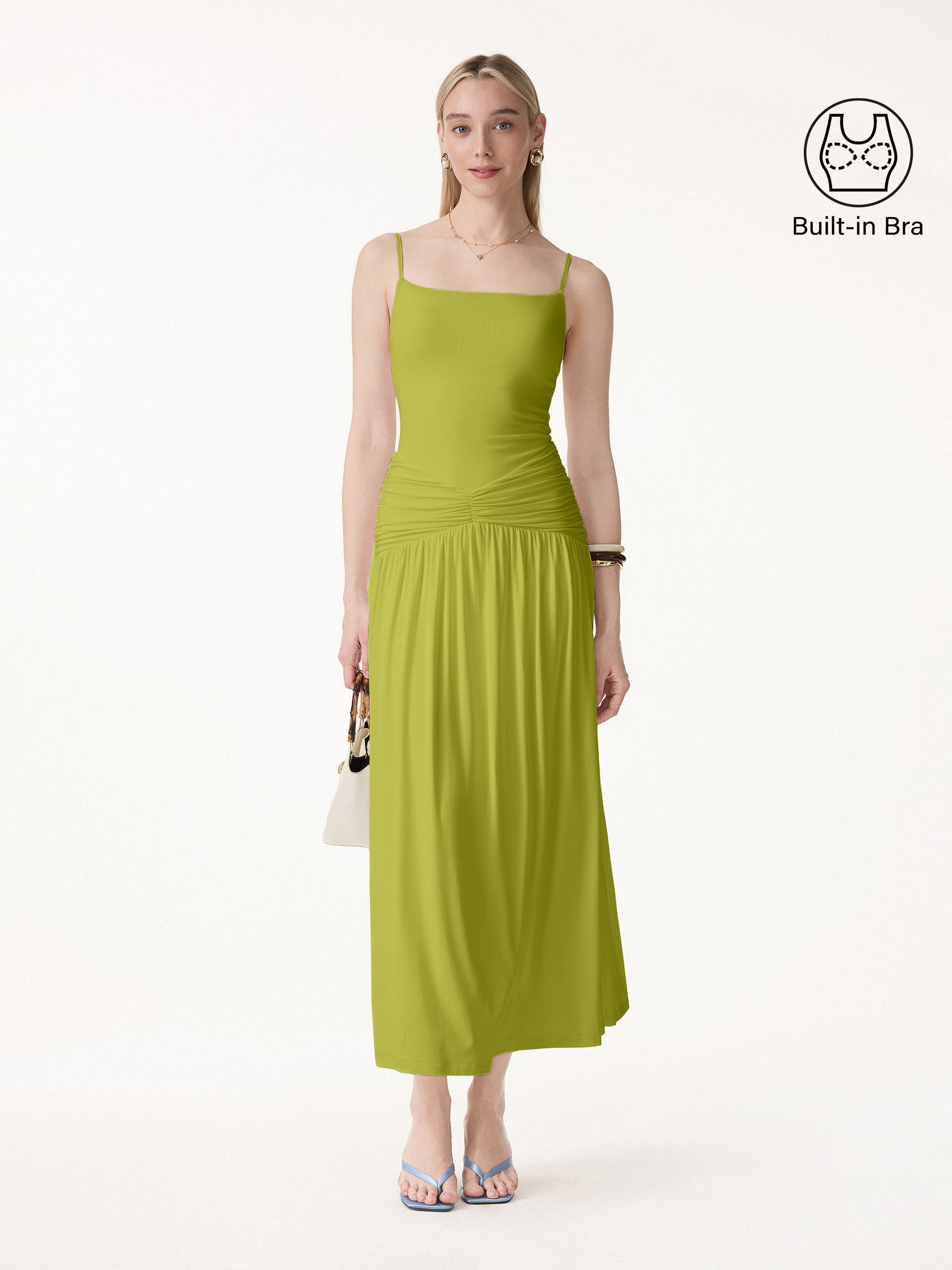 Not-See-Thru Spaghetti Gathered Maxi Bra Dress