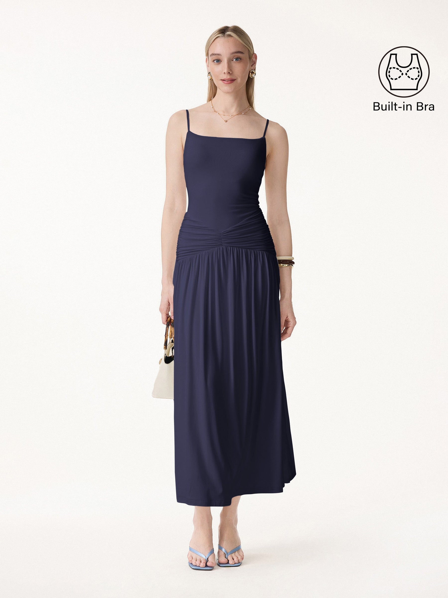 Not-See-Thru Spaghetti Gathered Maxi Bra Dress