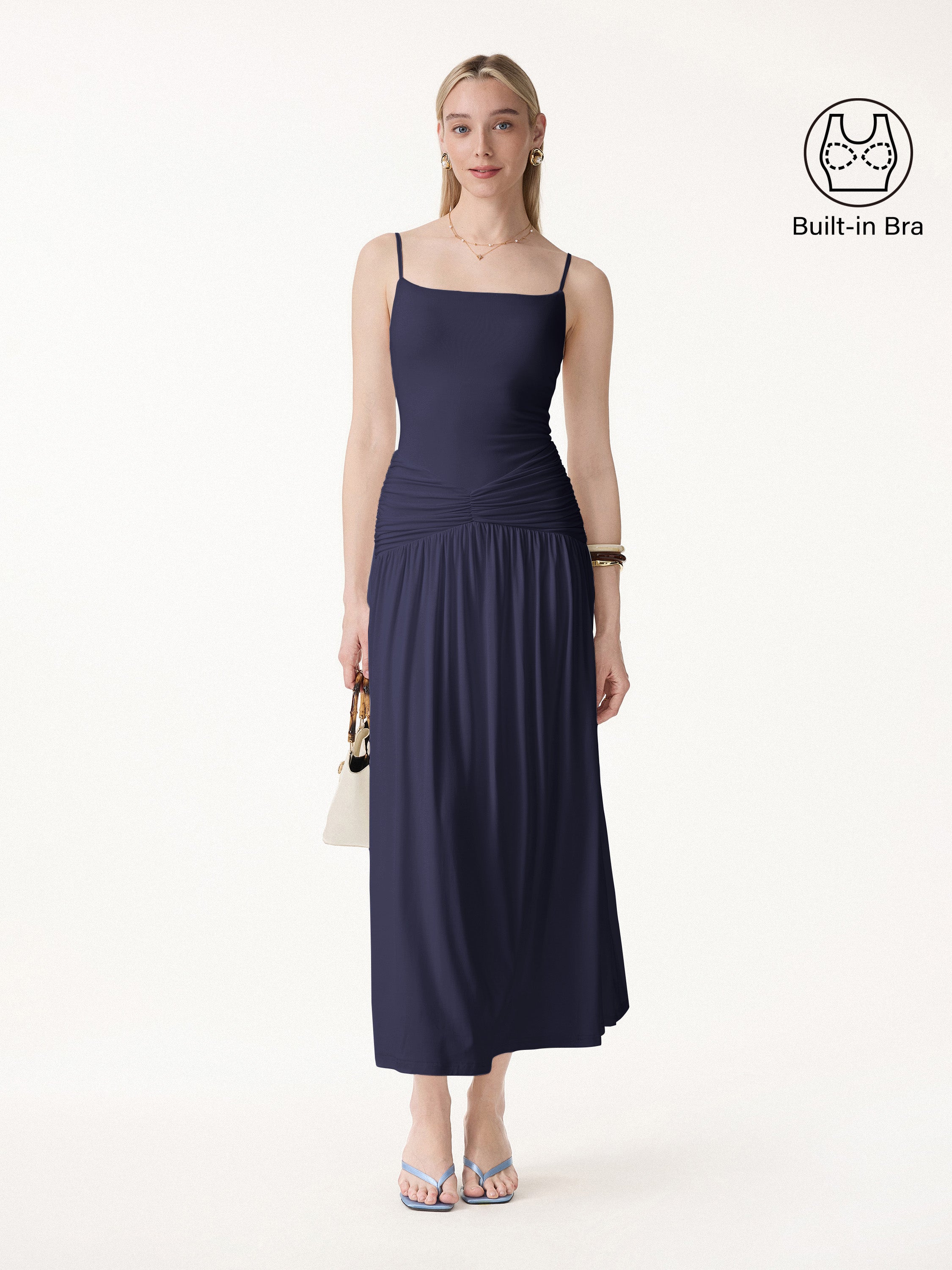 Not-See-Thru Spaghetti Gathered Maxi Bra Dress