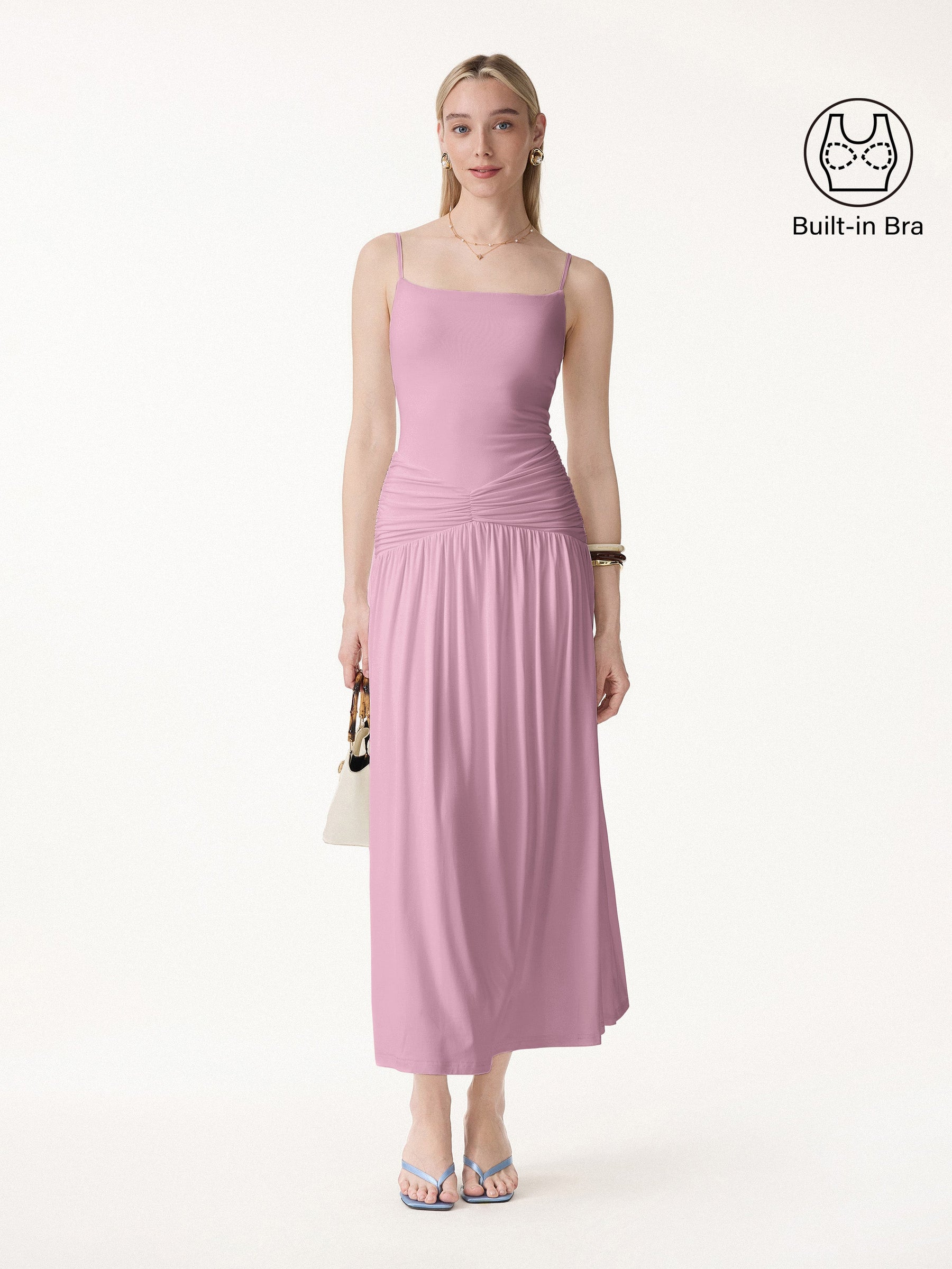Not-See-Thru Spaghetti Gathered Maxi Bra Dress