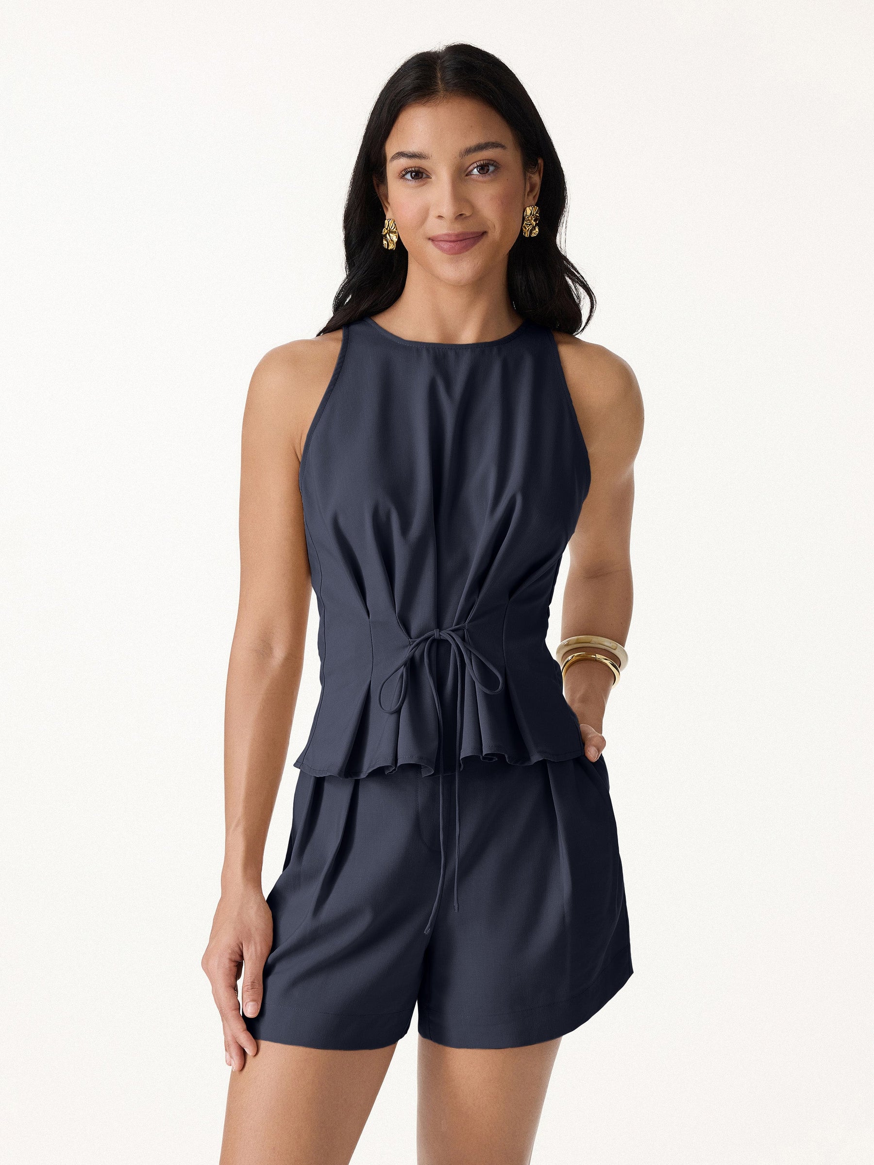 Summer Linen Pleated Self-Tie Top