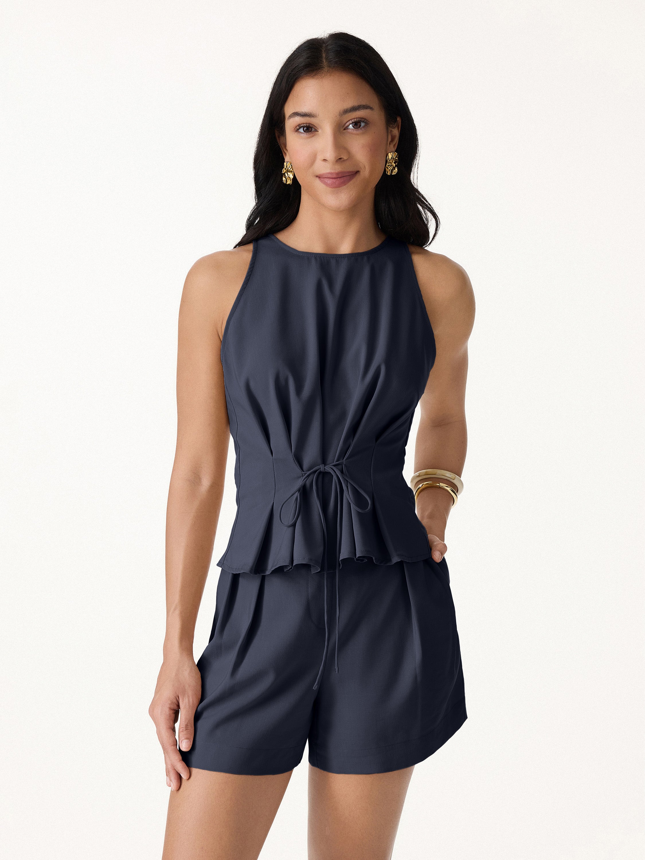 Summer Linen Pleated Self-Tie Top