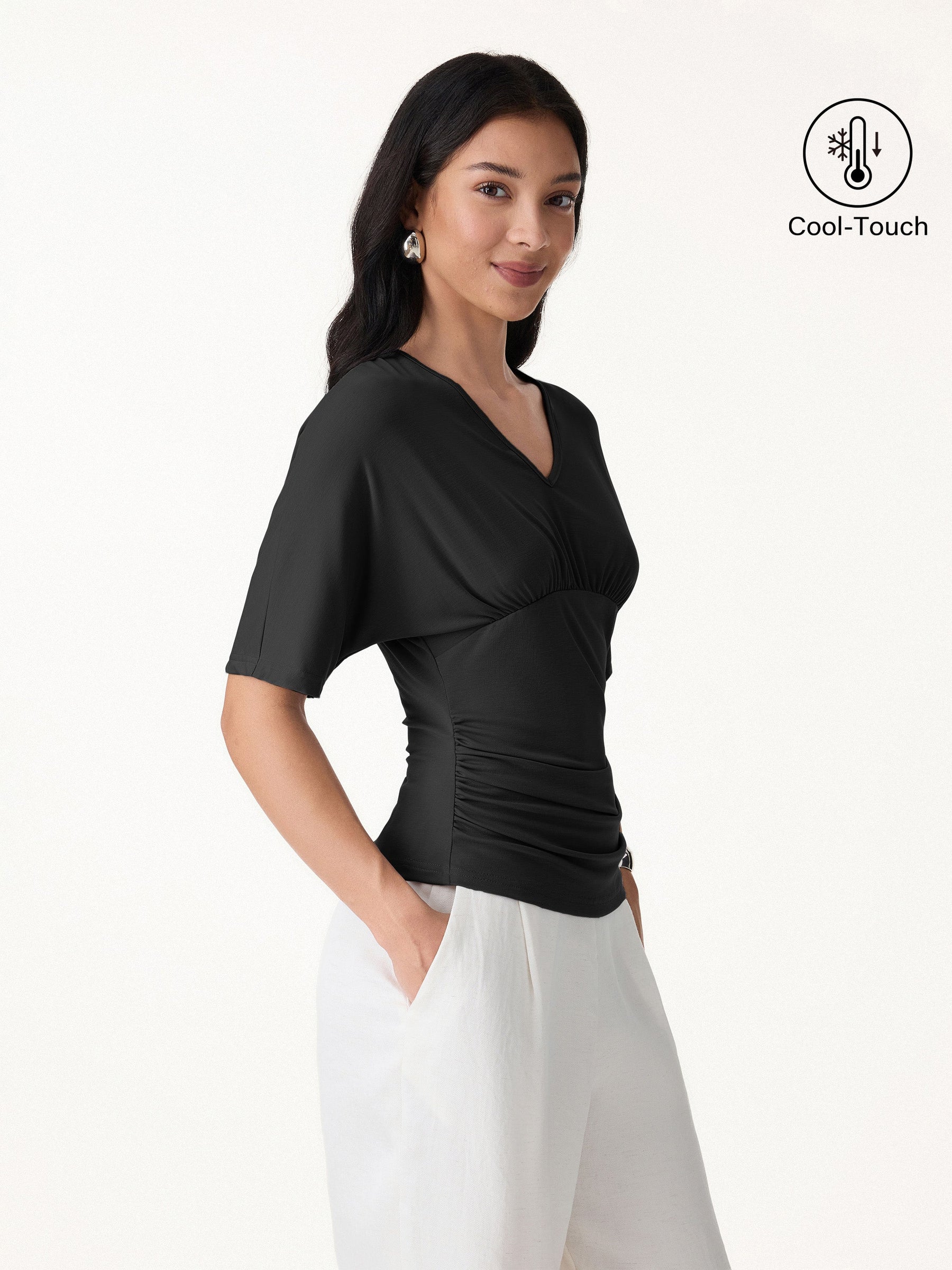 CoolTouch V-Neck Ruched Short Sleeve Summer Tee