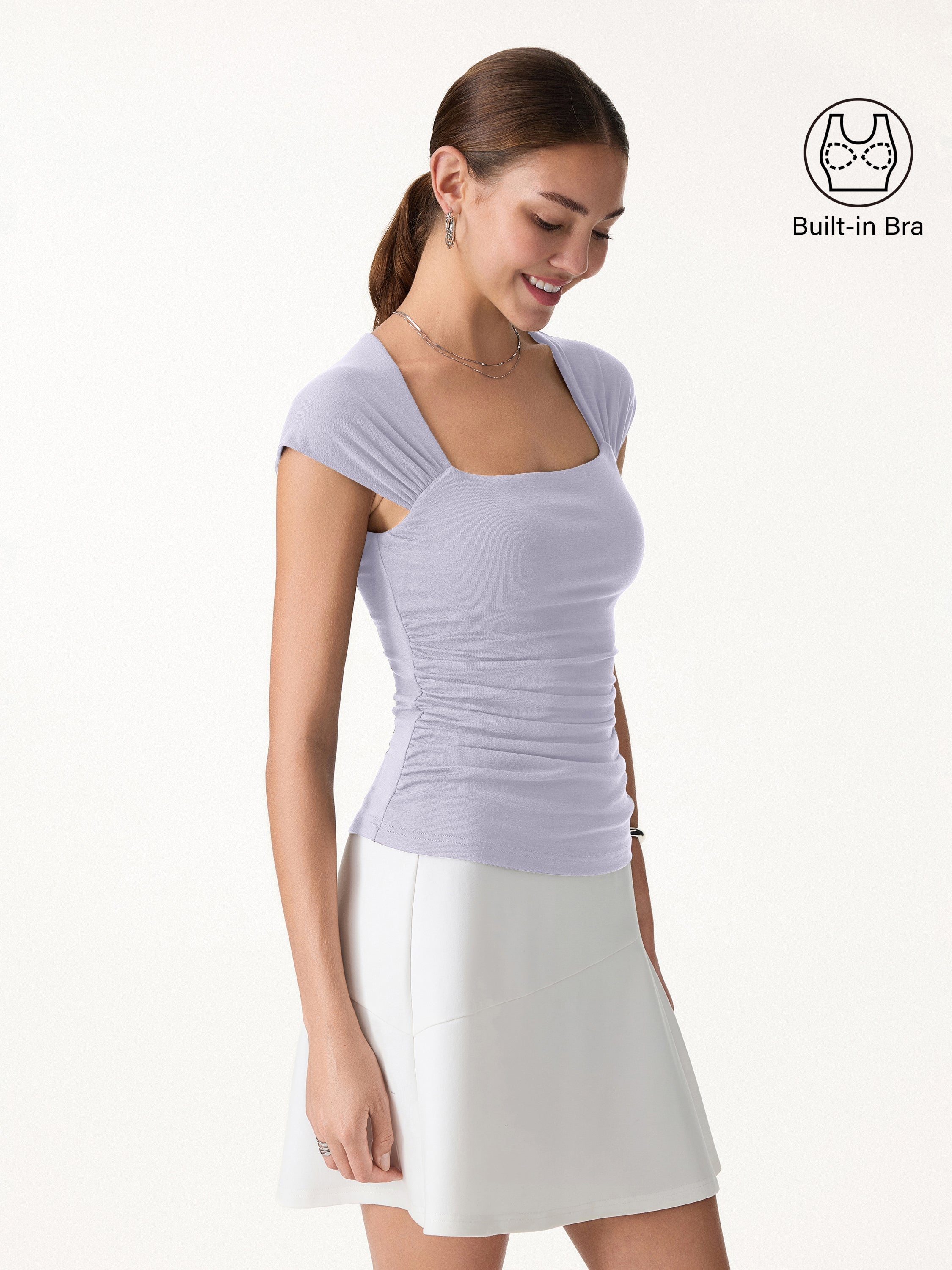 Cool-Touch Square Neck Cap Sleeve Ruched Bra Top