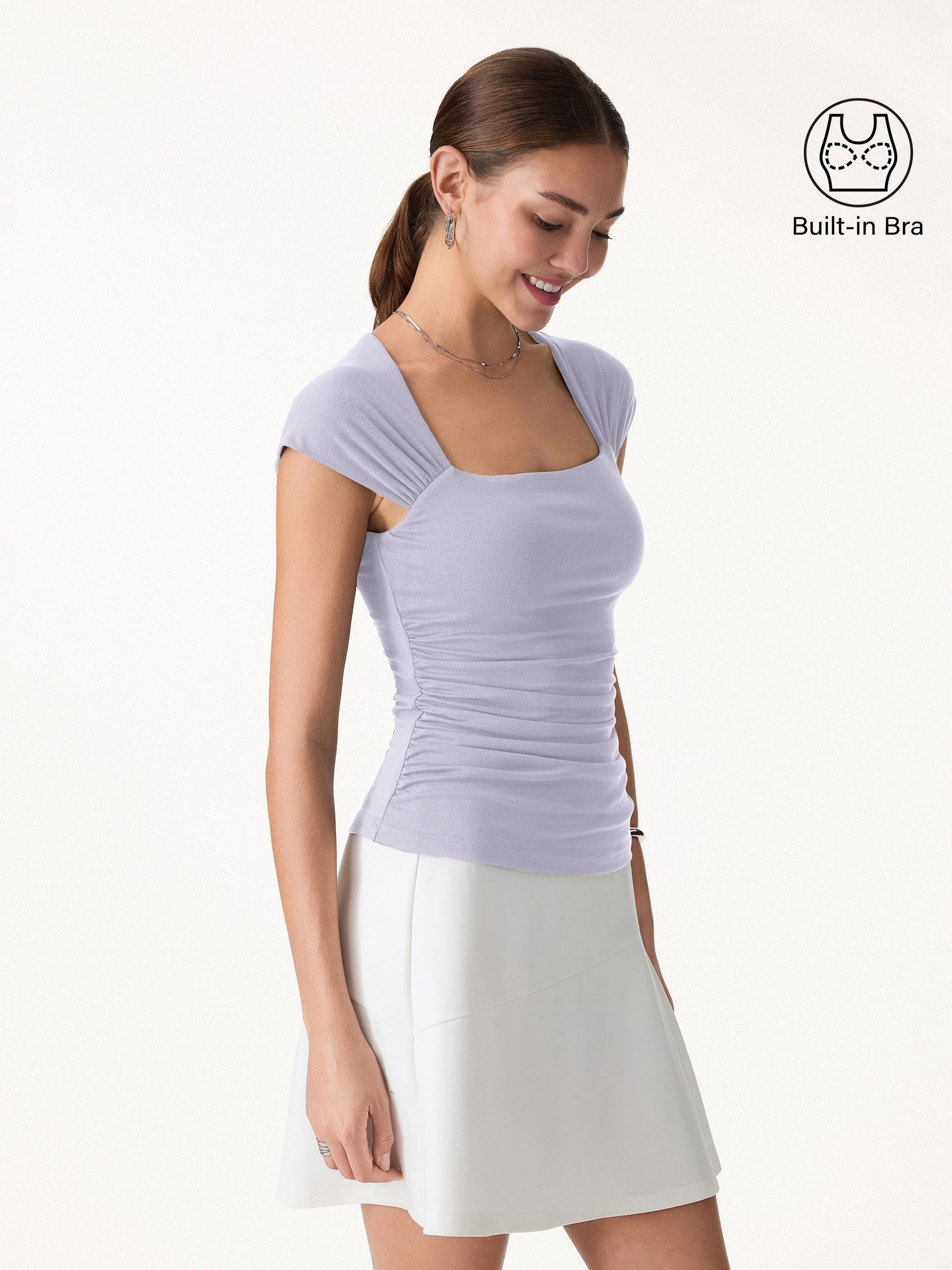 Cool-Touch Square Neck Cap Sleeve Ruched Bra Top