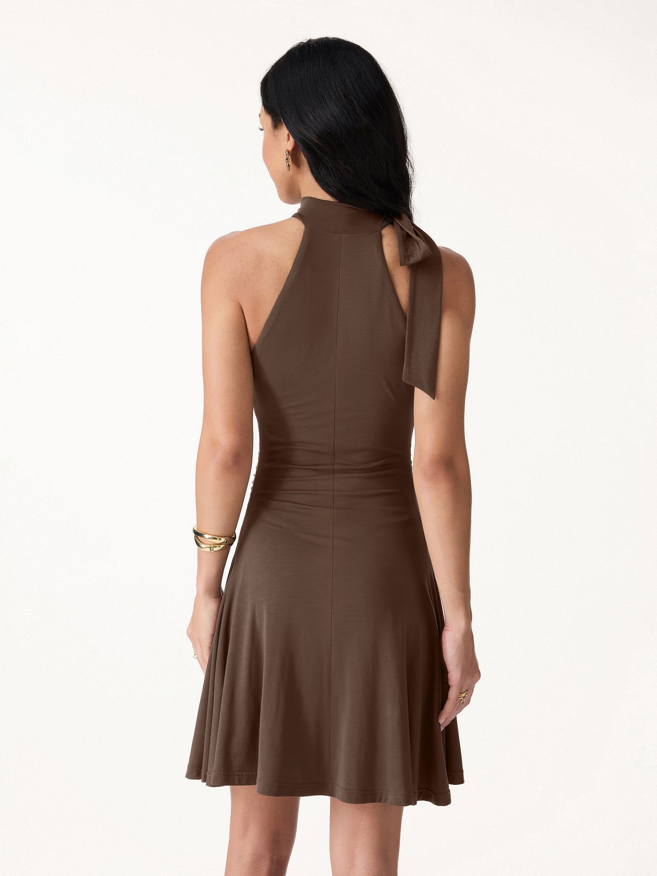 Milky Matte Mockneck Bow Tie Ruched Mini Bra Dress