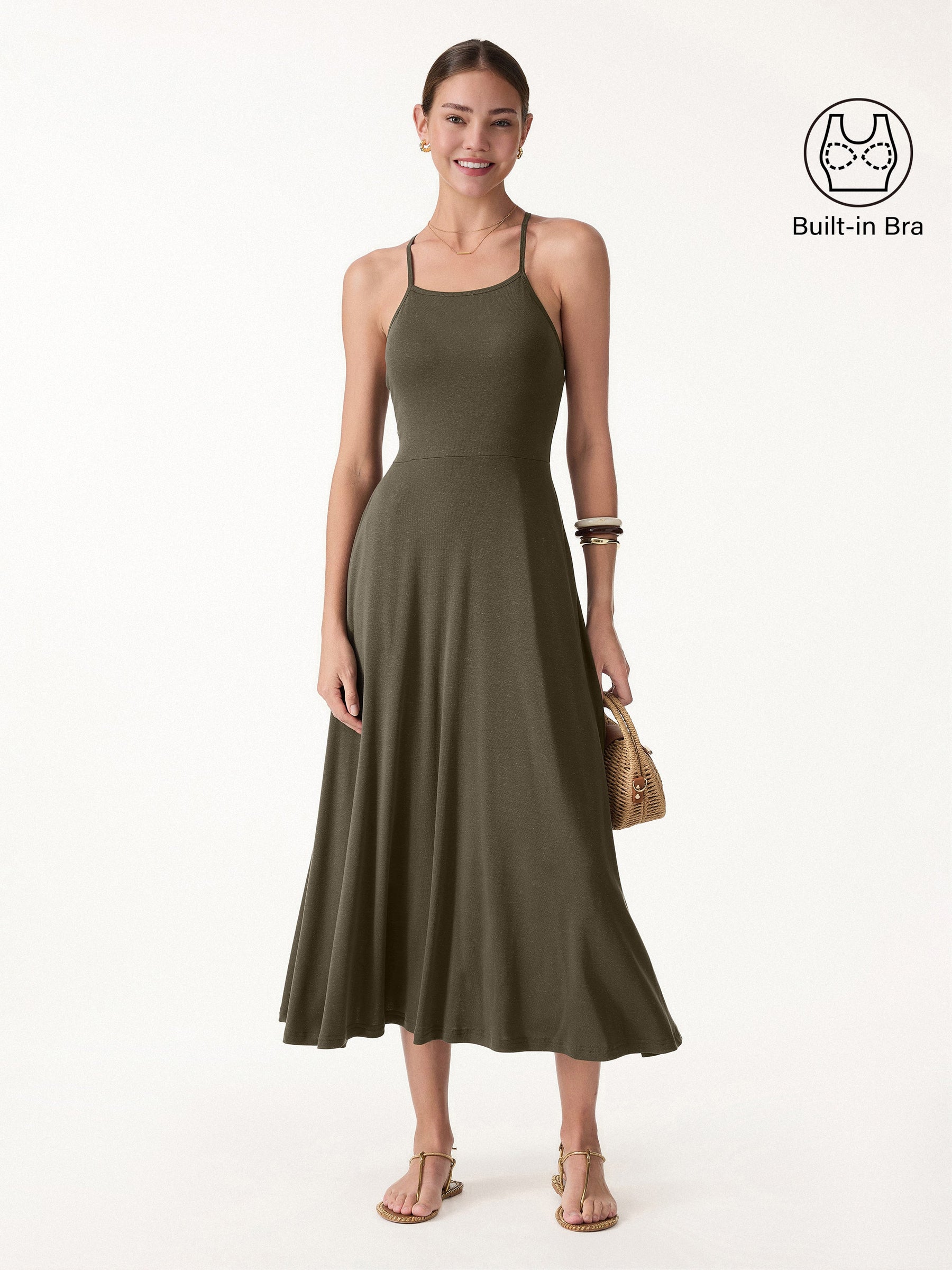 Soft Linen Knit Spaghetti Midi Bra Dress