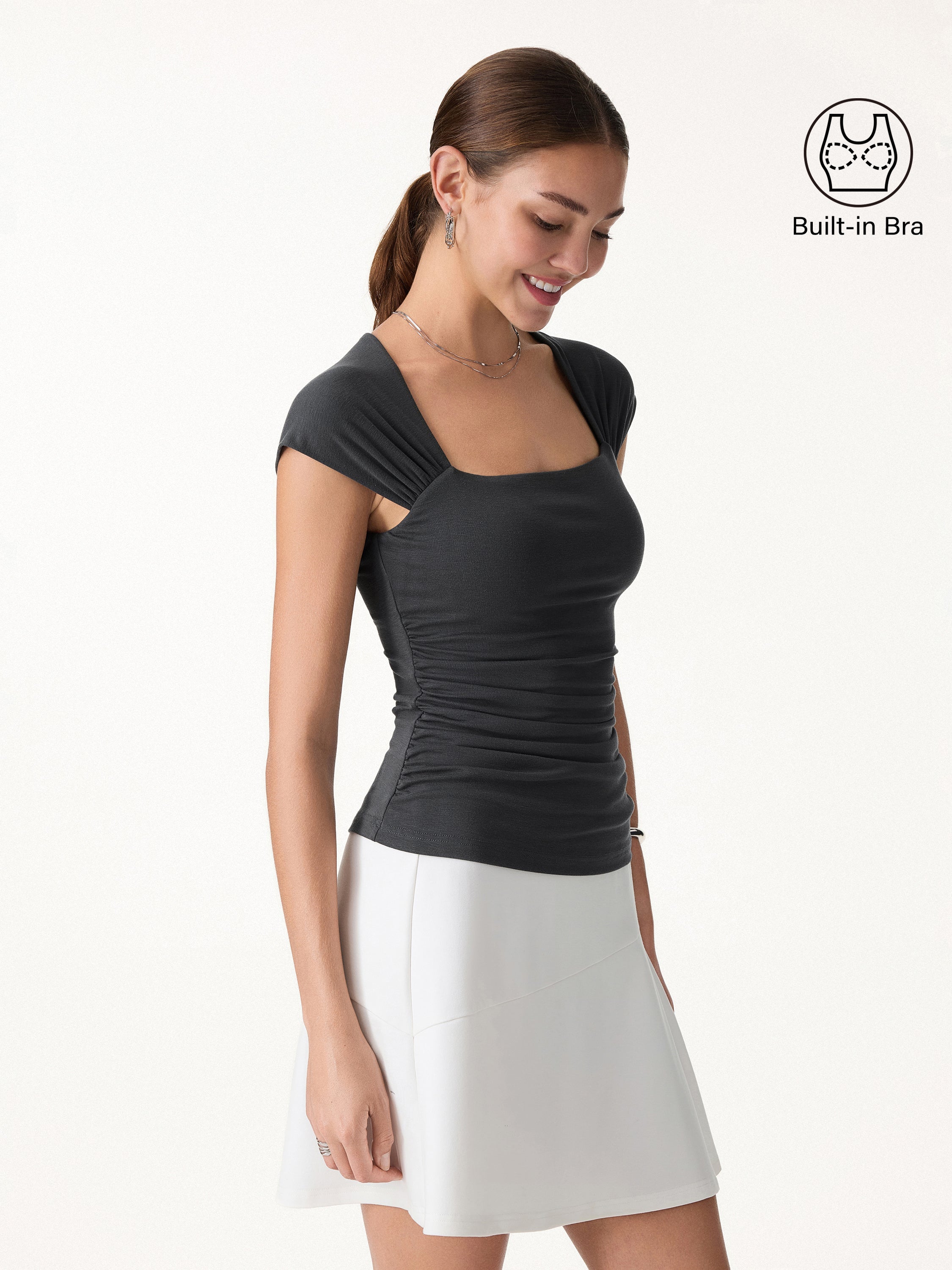Cool-Touch Square Neck Cap Sleeve Ruched Bra Top