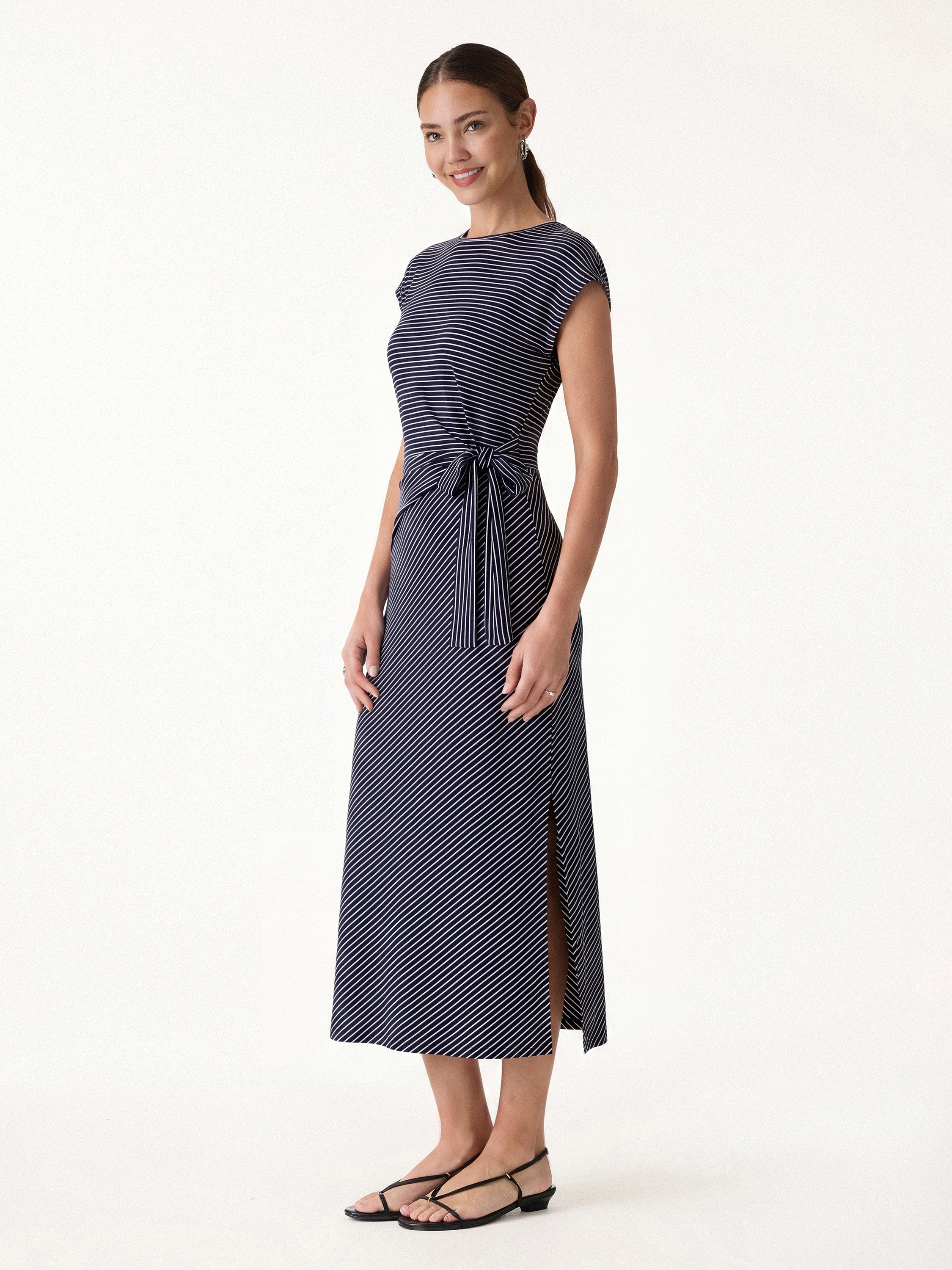 Striped Relaxed Midi Dress with Self-Tie