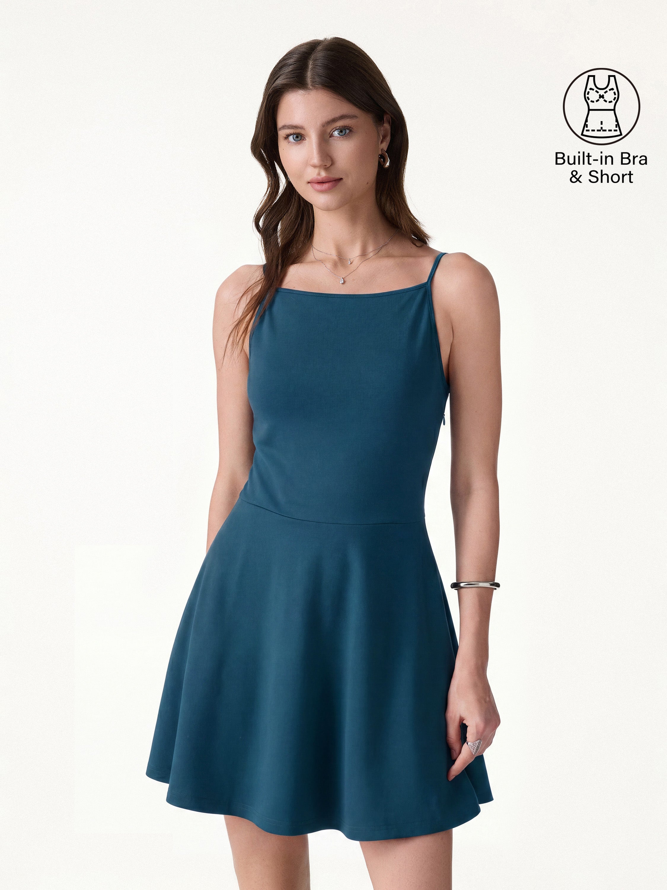 Stretch Ponte Square Neck Mini  A-Line Bra Dress with Pockets