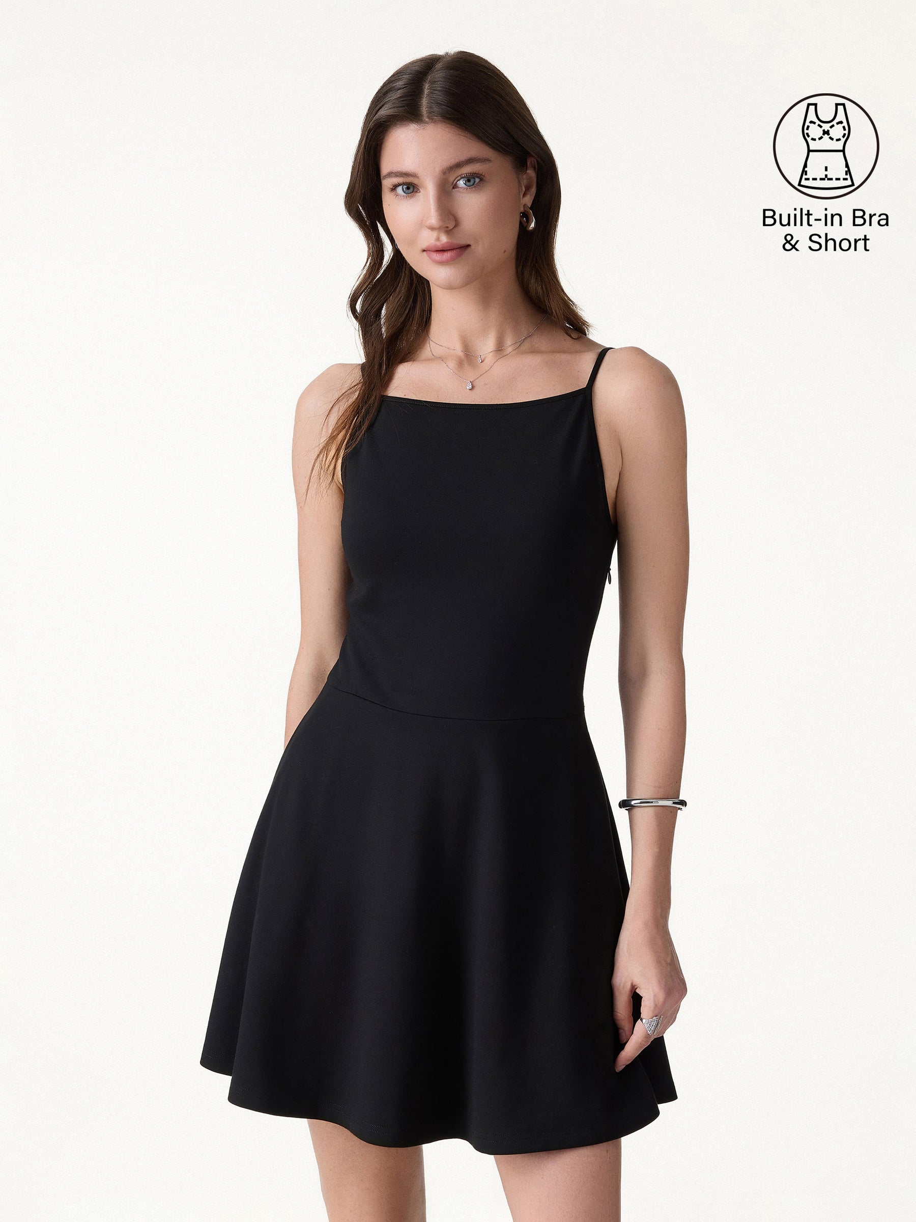Stretch Ponte Square Neck Mini  A-Line Bra Dress with Pockets
