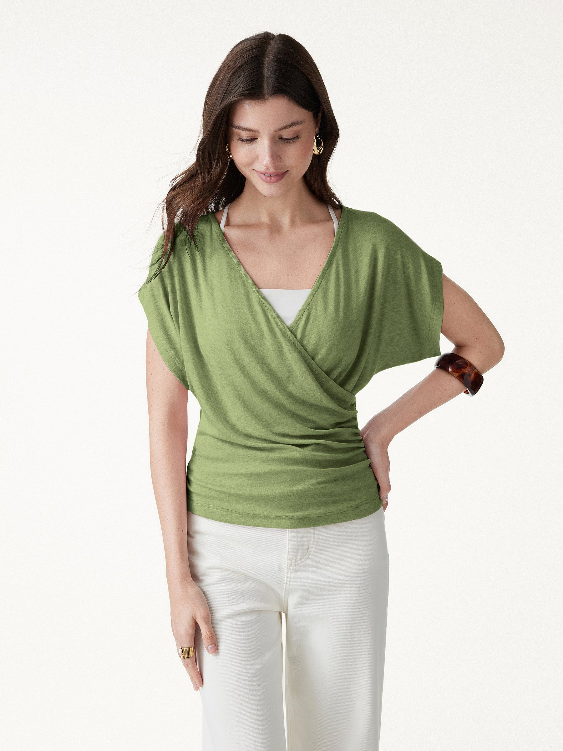 Summer Lyocell Wool Suprlice Ruched Short Sleeve Top