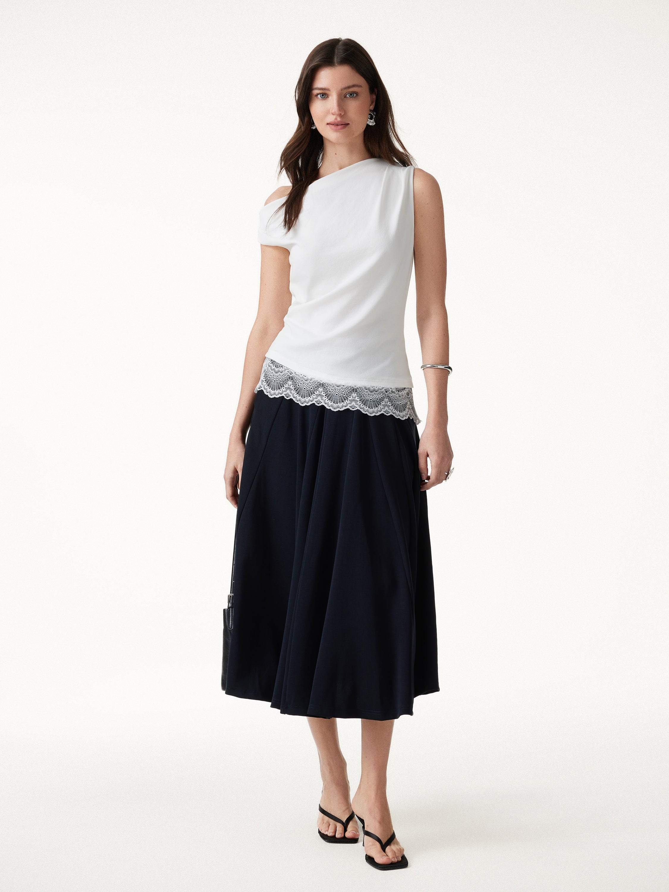 Lace Trim Cotton Lyocell Asymmetrical Shoulder Top