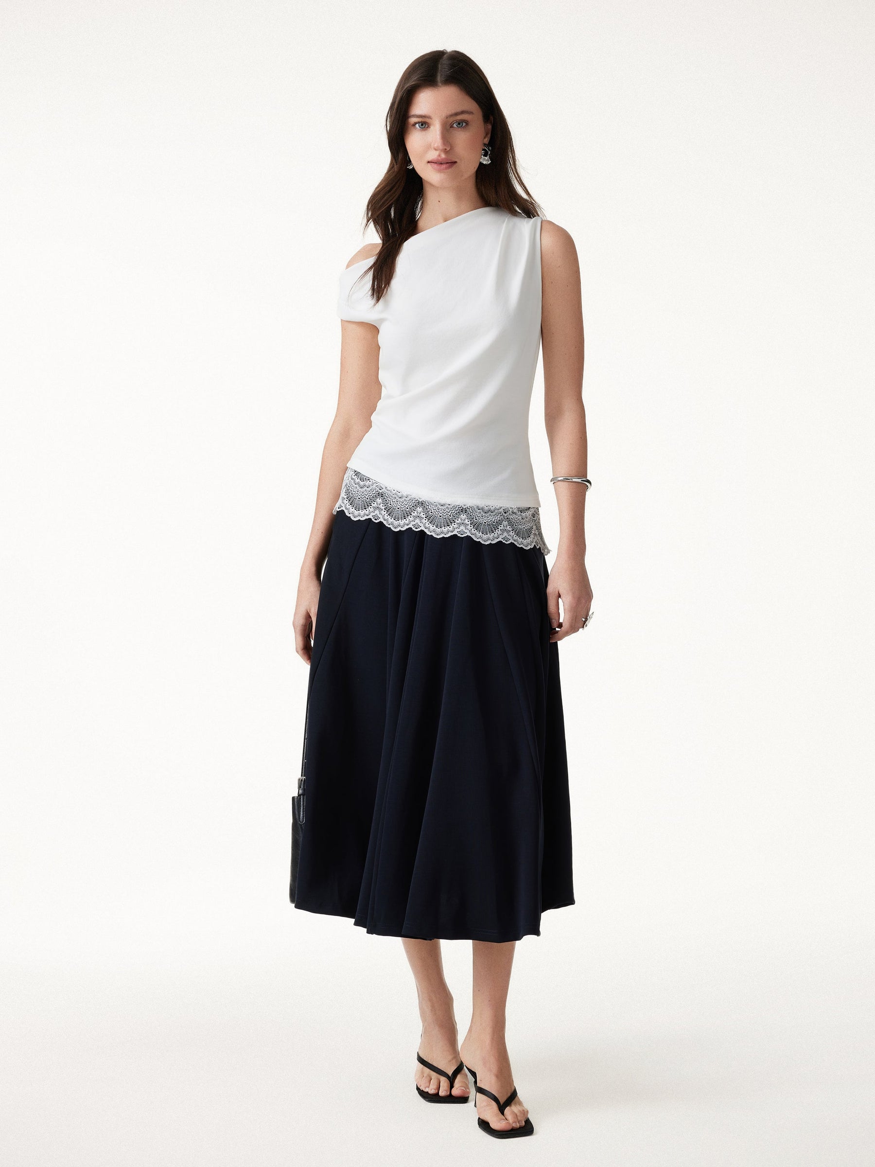 Lace Trim Cotton Lyocell Asymmetrical Shoulder Top