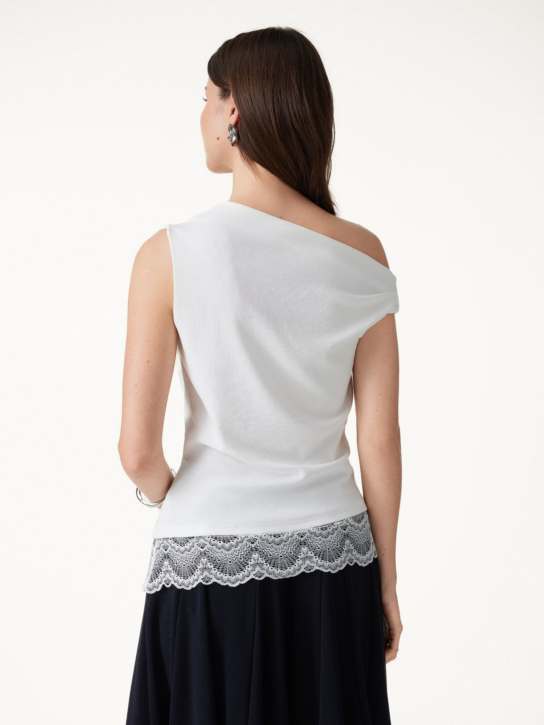 Lace Trim Cotton Lyocell Asymmetrical Shoulder Top