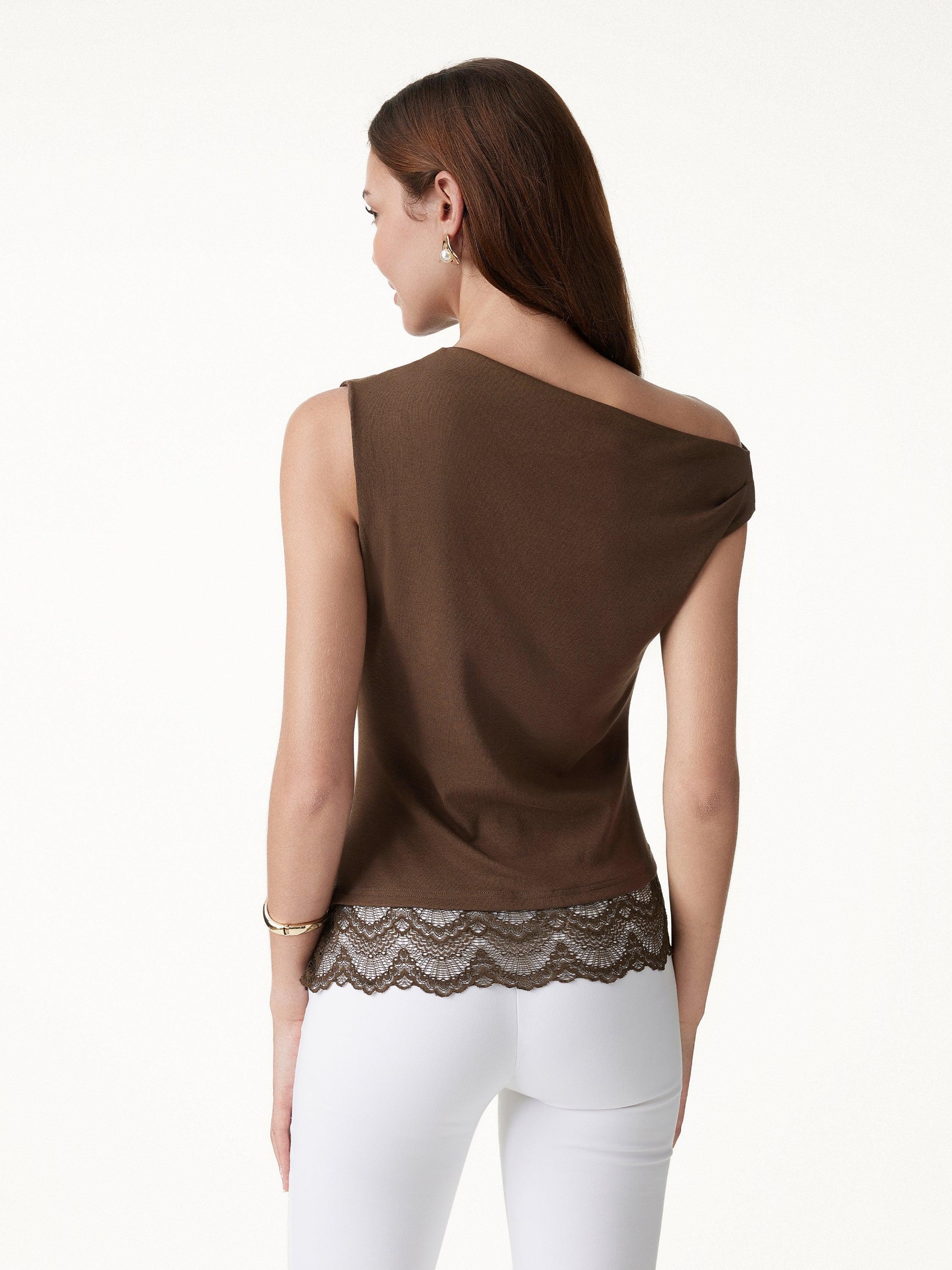 Lace Trim Cotton Lyocell Asymmetrical Shoulder Top