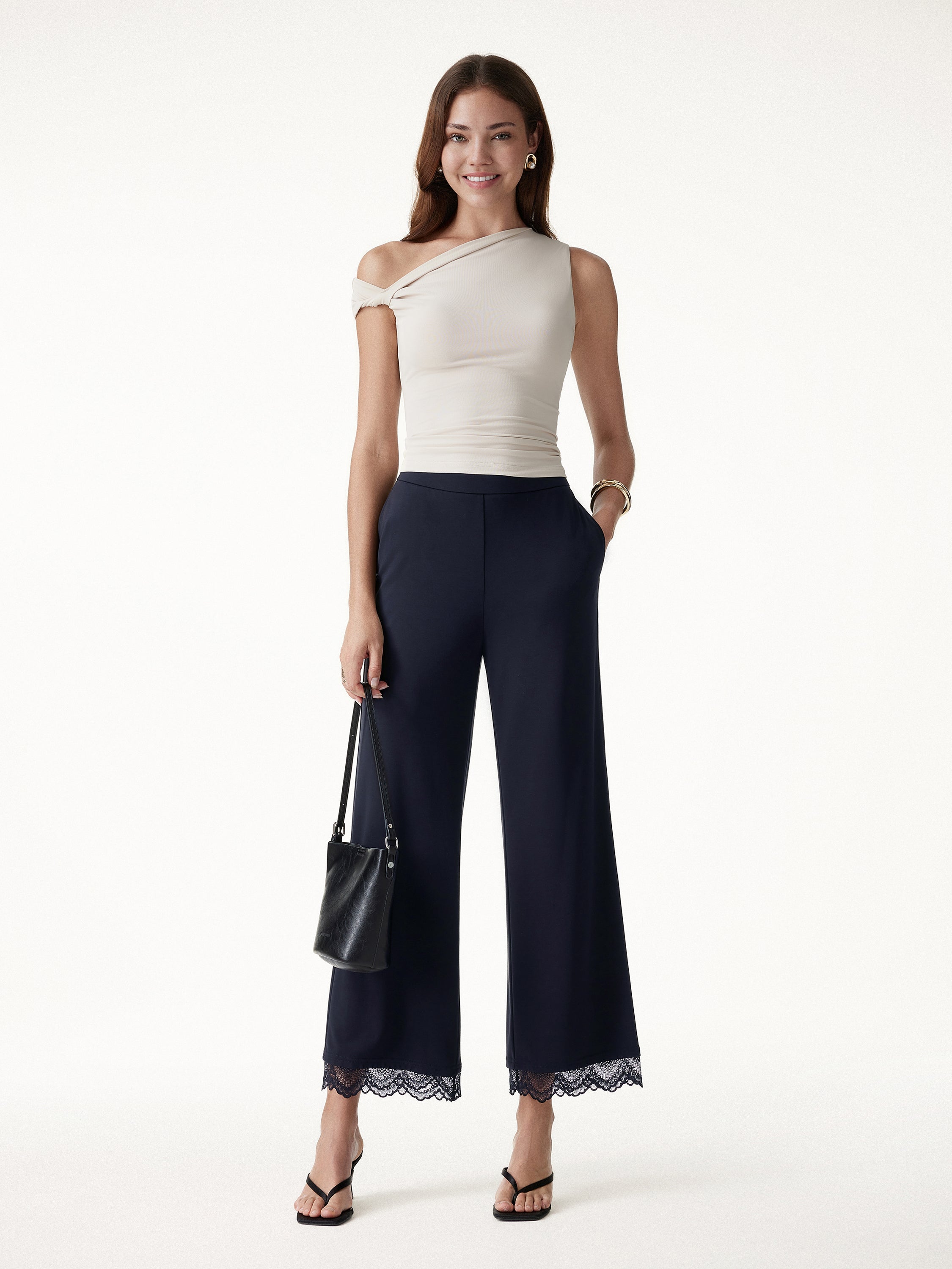 Lace Trim Draped Mid Rise Wide Leg Pants with Pockets