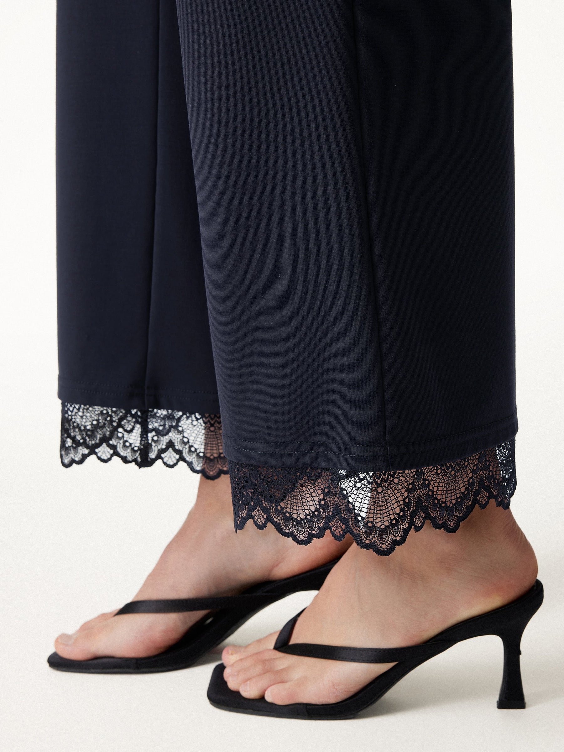 Lace Trim Draped Mid Rise Wide Leg Pants with Pockets