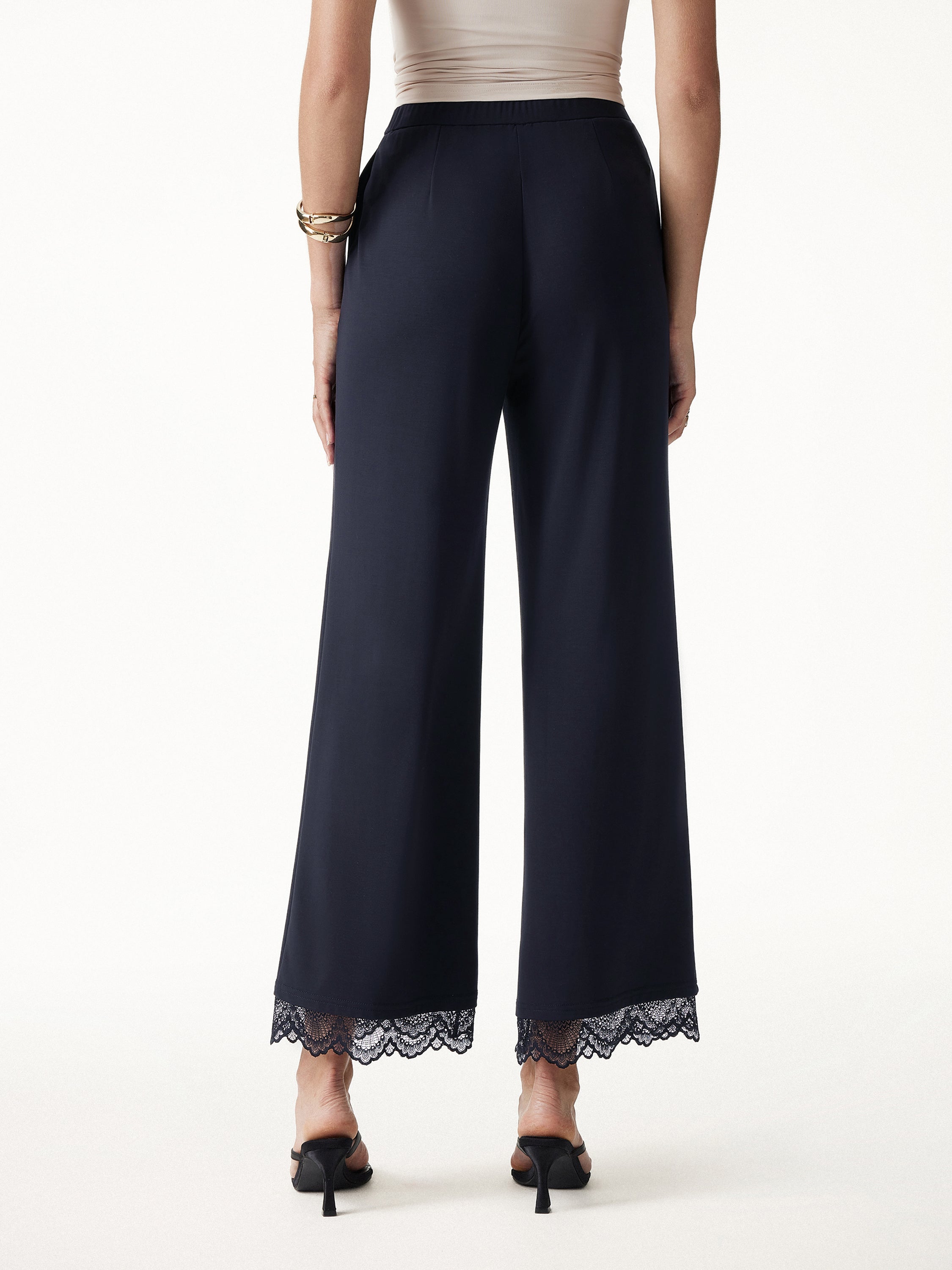 Lace Trim Draped Mid Rise Wide Leg Pants with Pockets