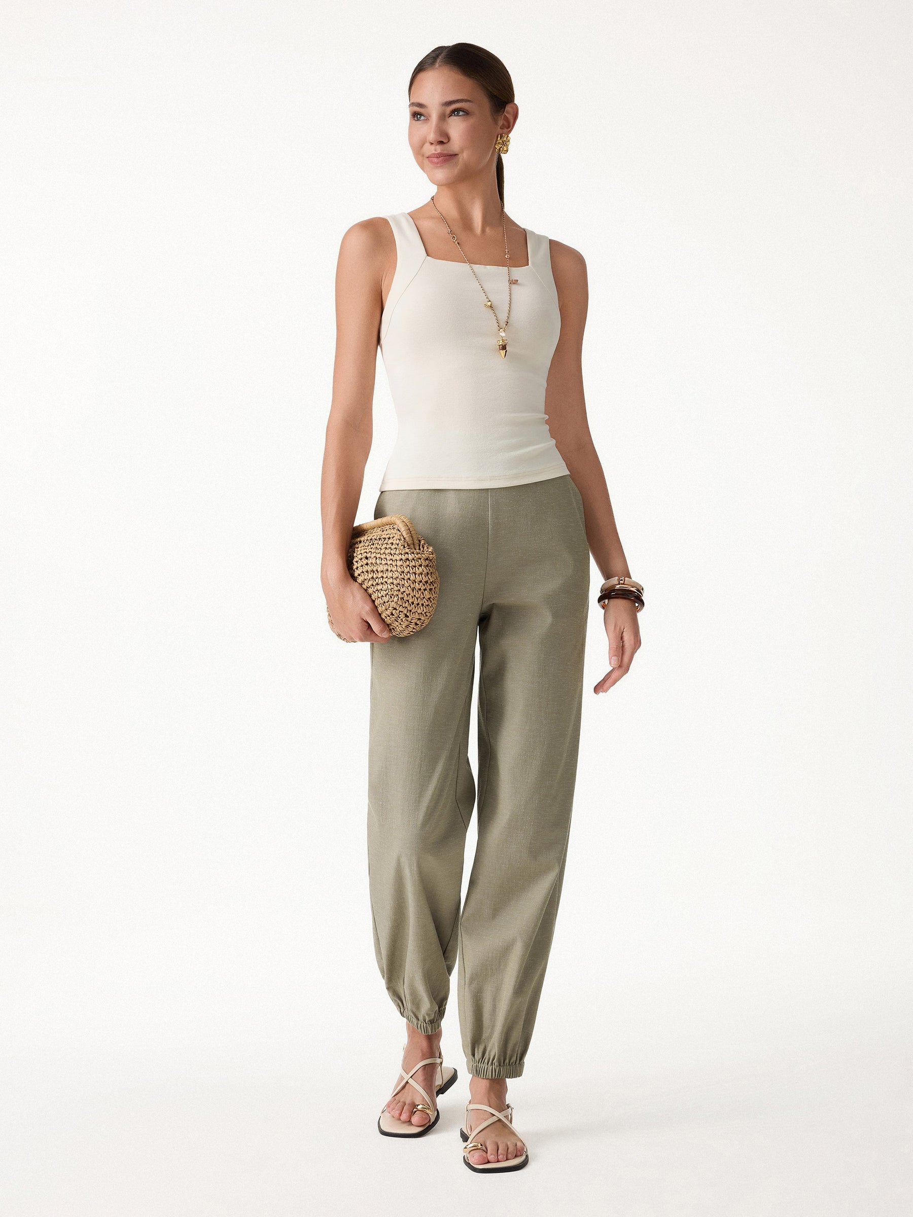 Linen-like High-Rise Balloon Jogger Pants with Pockets