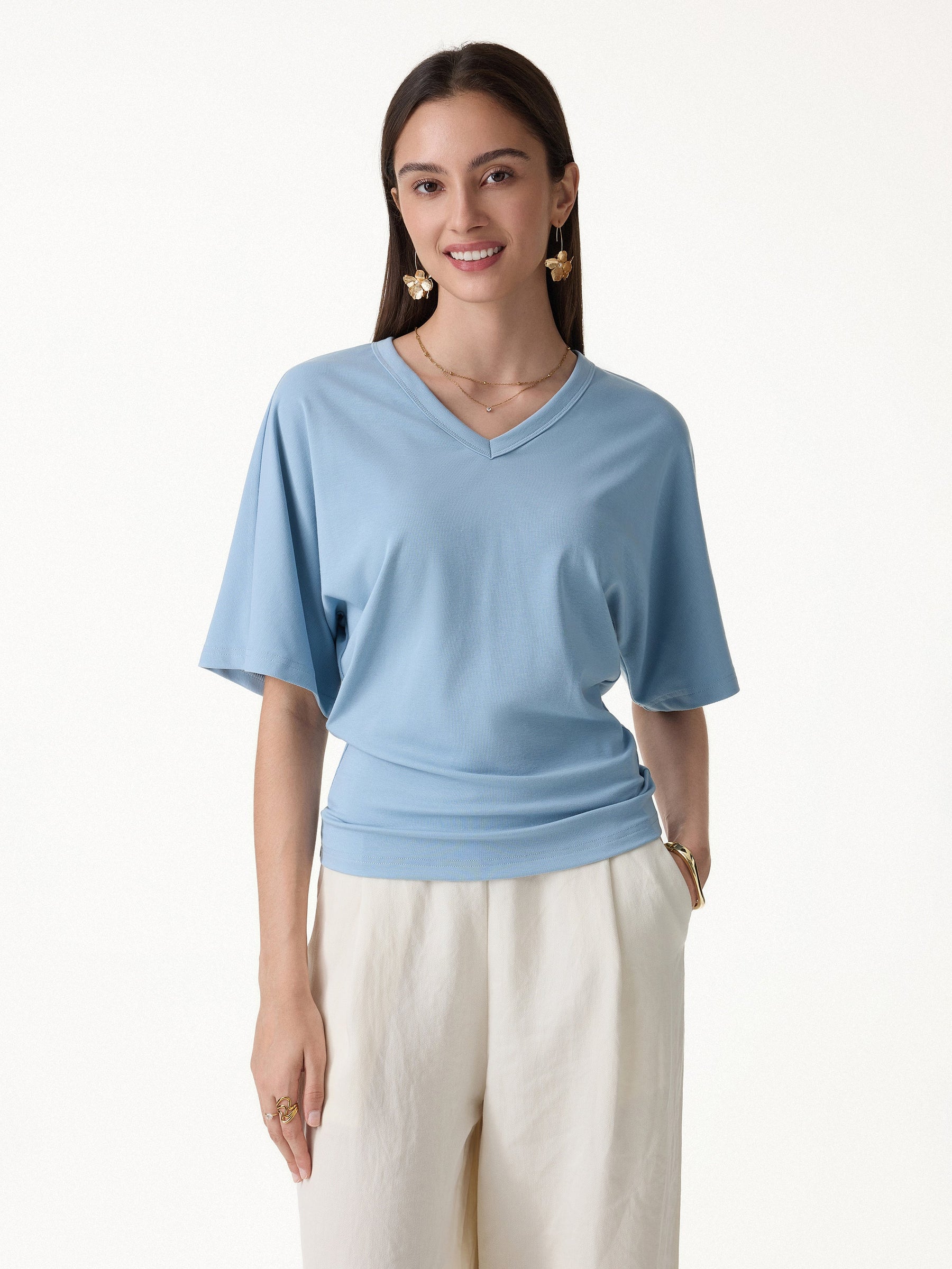 Viscose Cotton V-Neck Waist-Defining Summer Tee